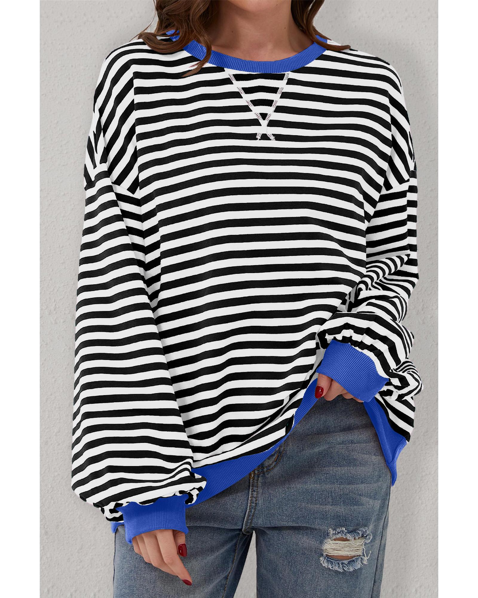 Black Stripe Oversized Contrast Trim Pullover Sweatshirt - L 3