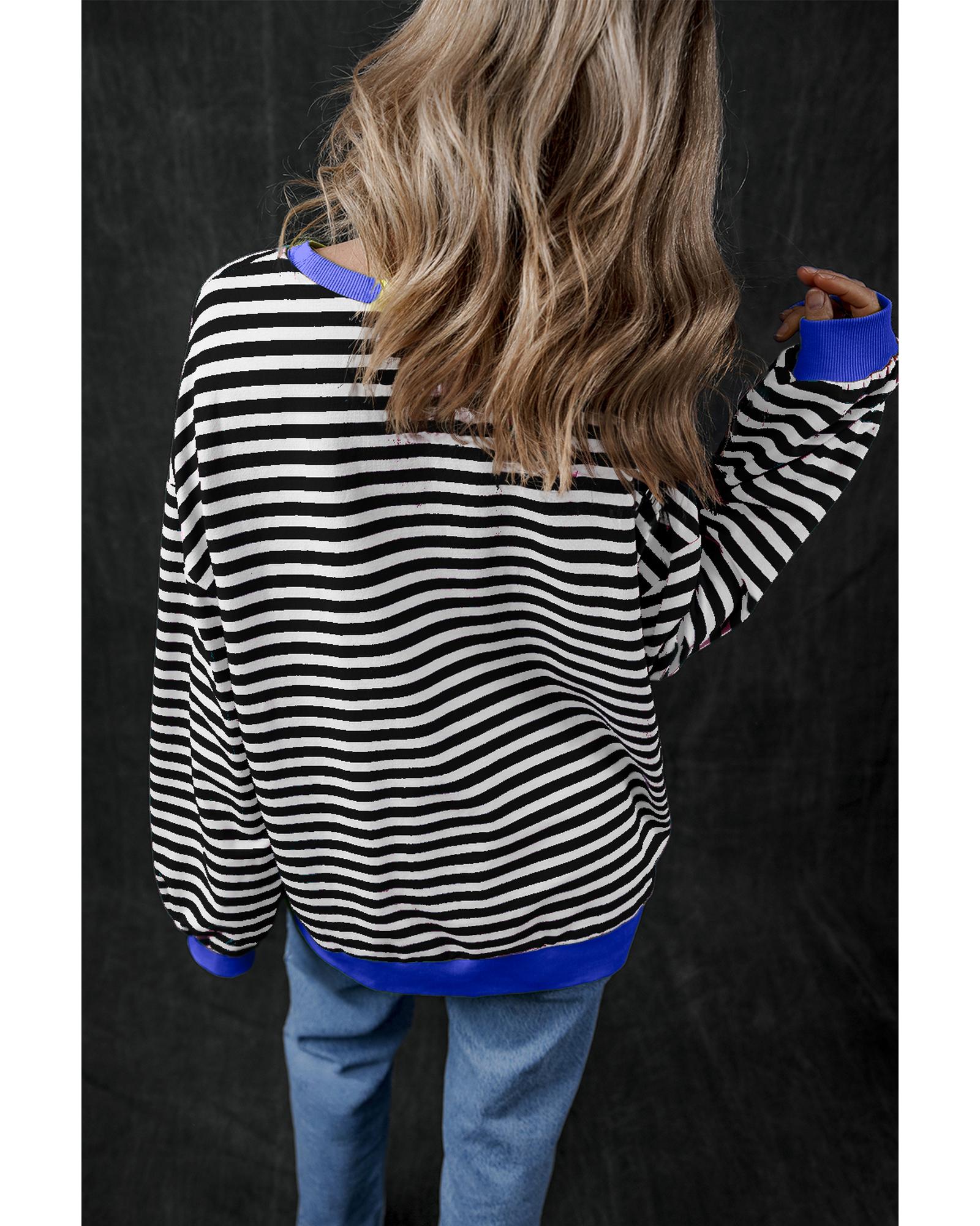 Black Stripe Oversized Contrast Trim Pullover Sweatshirt - L 4