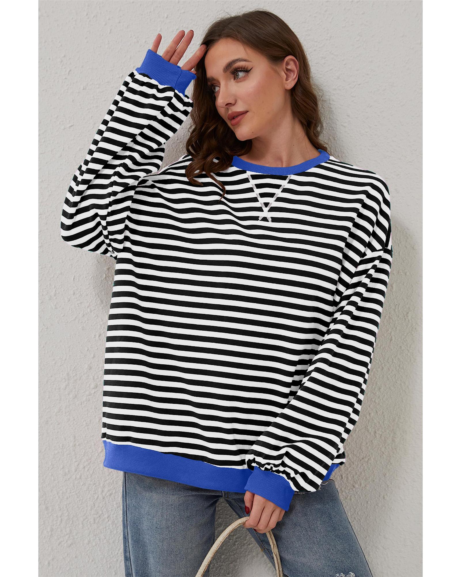 Black Stripe Oversized Contrast Trim Pullover Sweatshirt - S 5