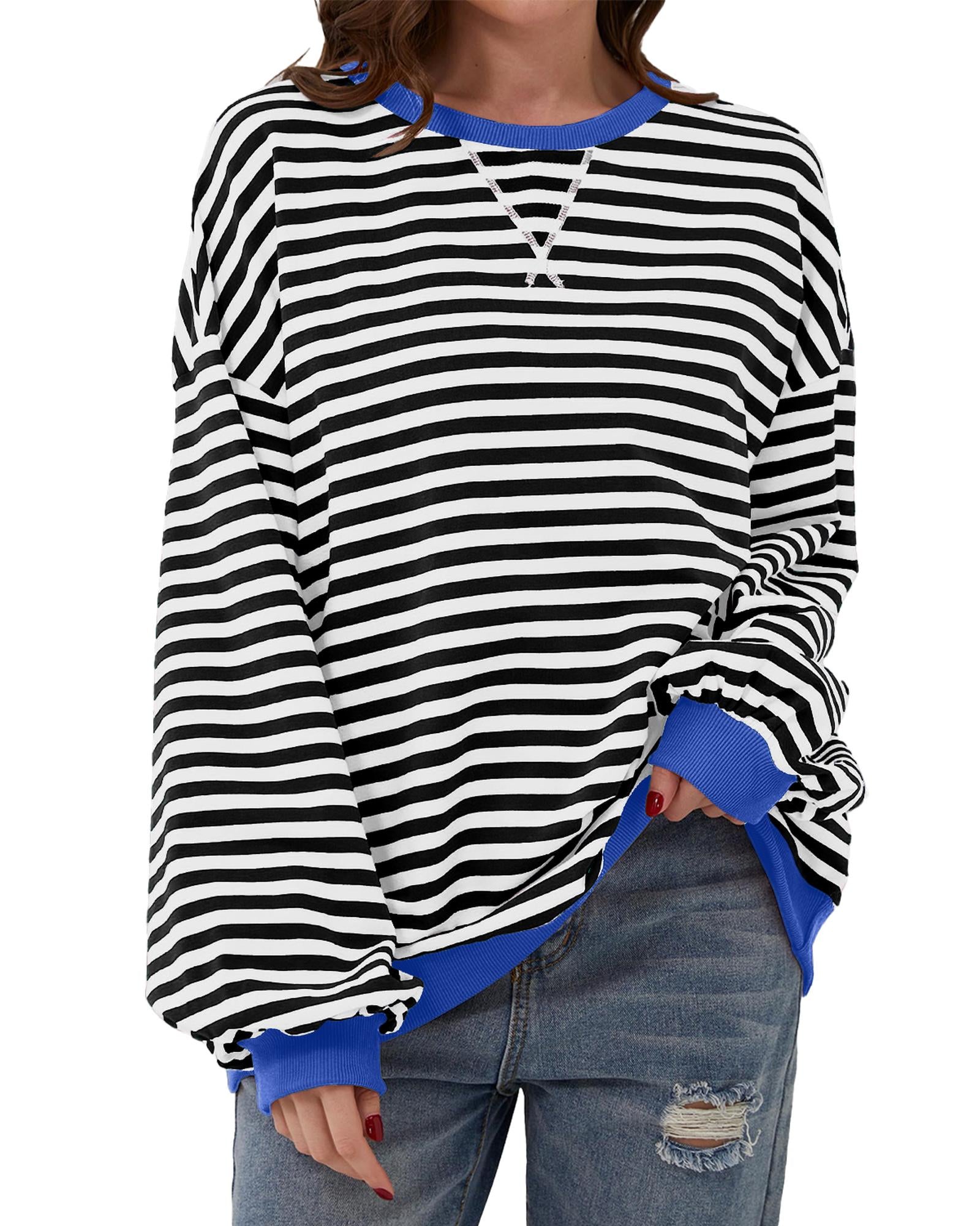 Black Stripe Oversized Contrast Trim Pullover Sweatshirt - XL 6