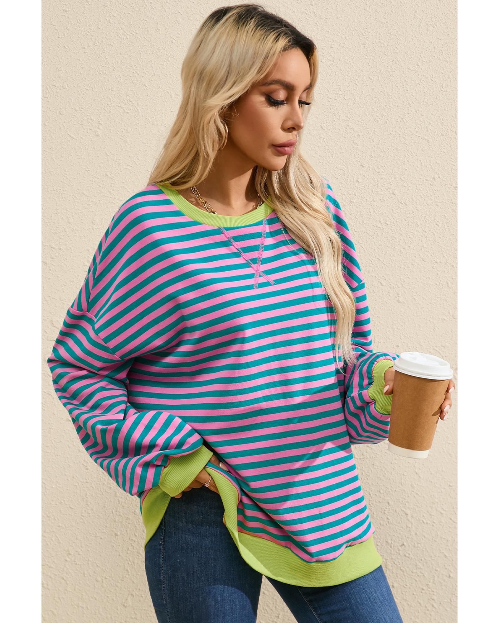 Green Stripe Oversized Contrast Trim Pullover Sweatshirt - XL