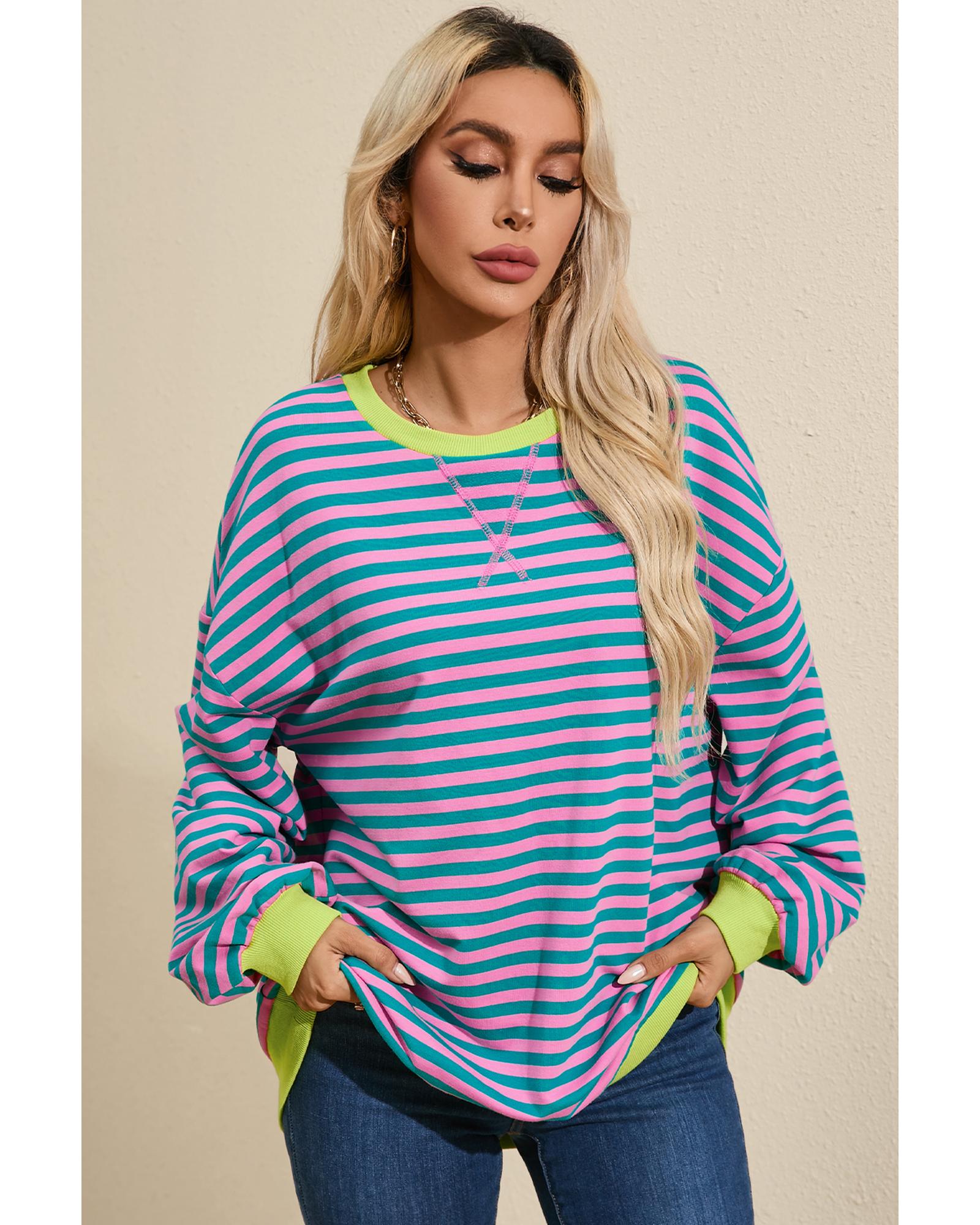 Green Stripe Oversized Contrast Trim Pullover Sweatshirt - XL 3