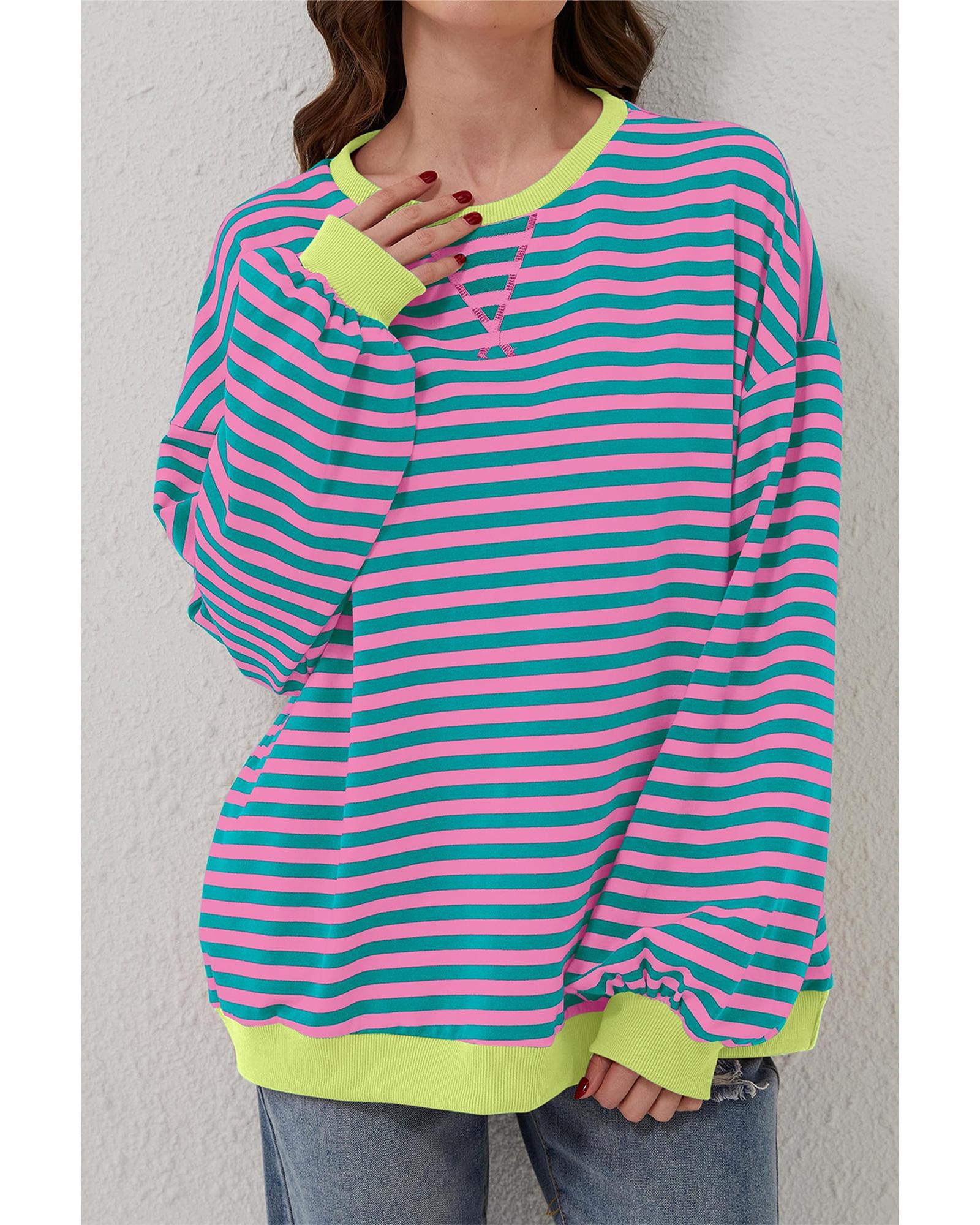 Green Stripe Oversized Contrast Trim Pullover Sweatshirt - XL 4