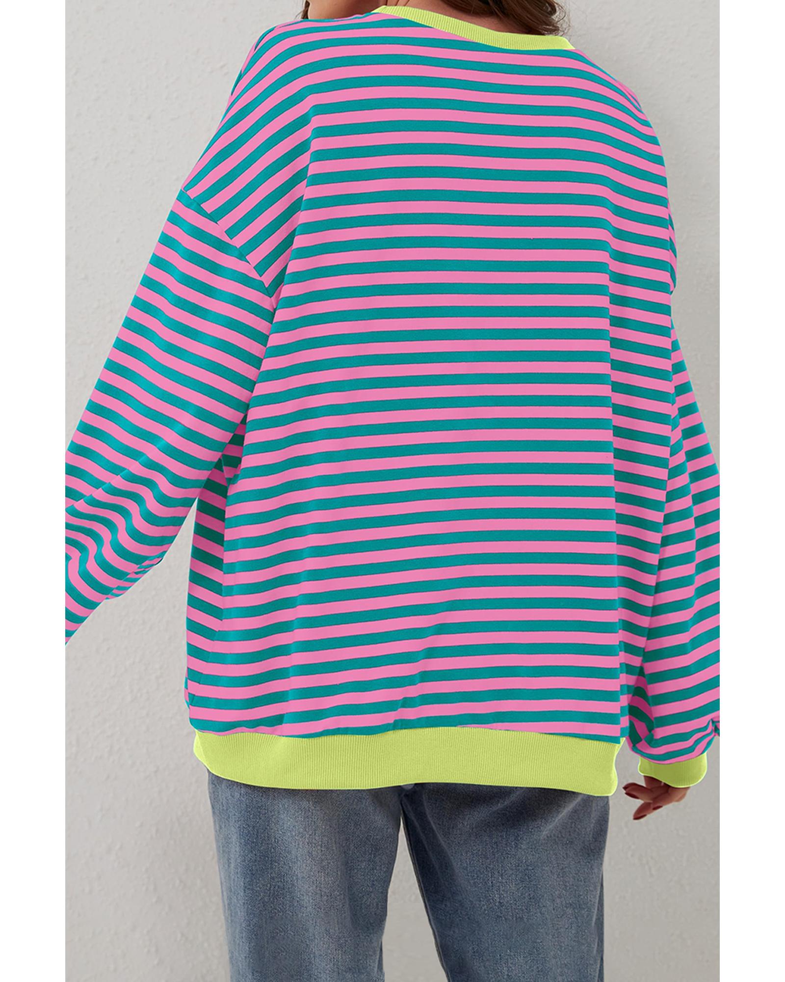 Green Stripe Oversized Contrast Trim Pullover Sweatshirt - XL 5
