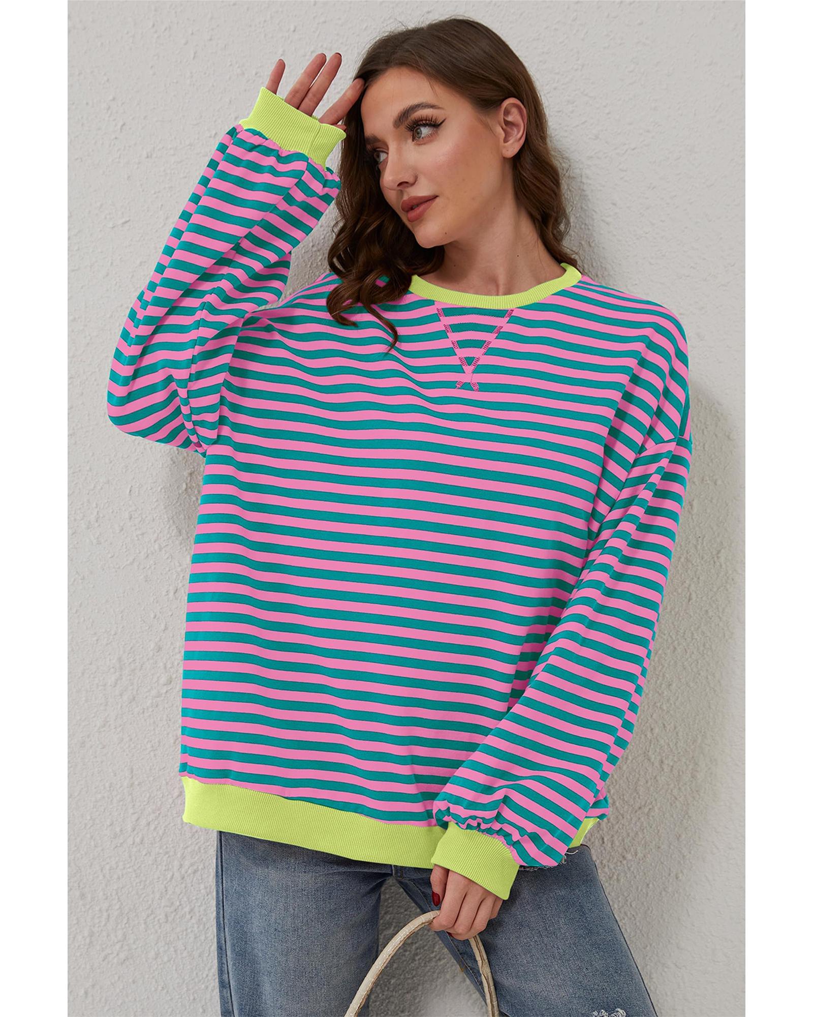 Green Stripe Oversized Contrast Trim Pullover Sweatshirt - XL 6