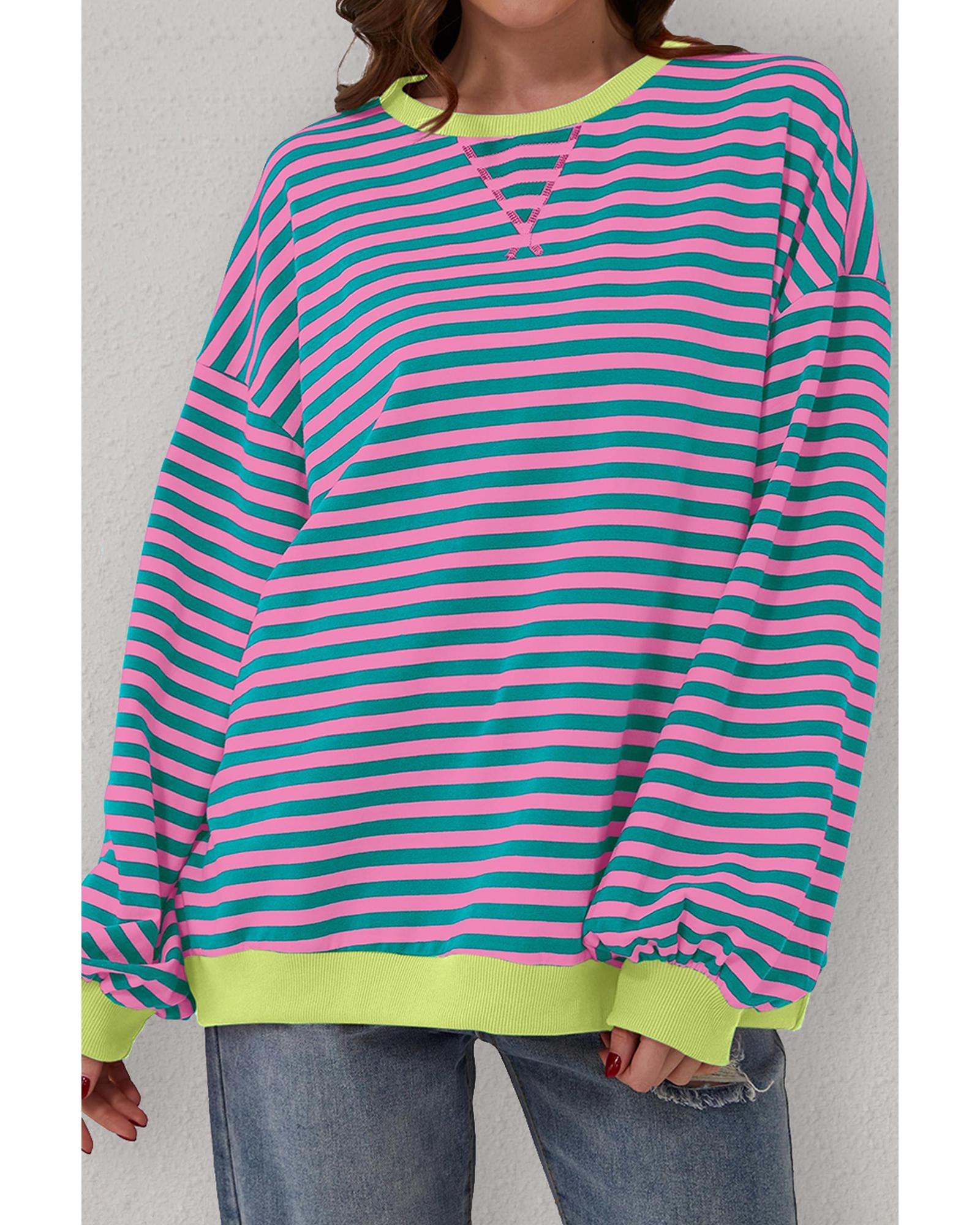 Green Stripe Oversized Contrast Trim Pullover Sweatshirt - XL 7