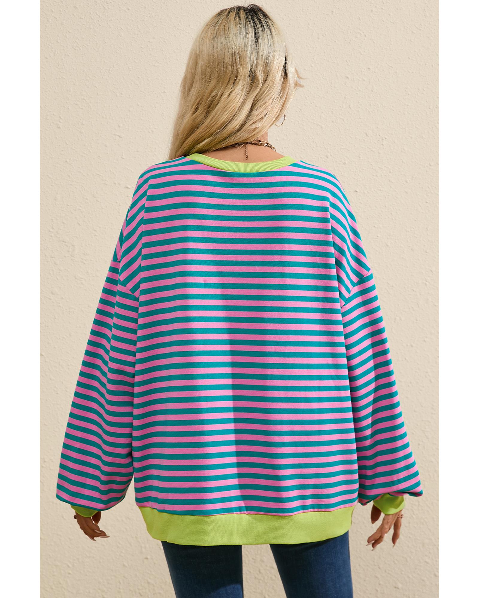 Green Stripe Oversized Contrast Trim Pullover Sweatshirt - XL 8