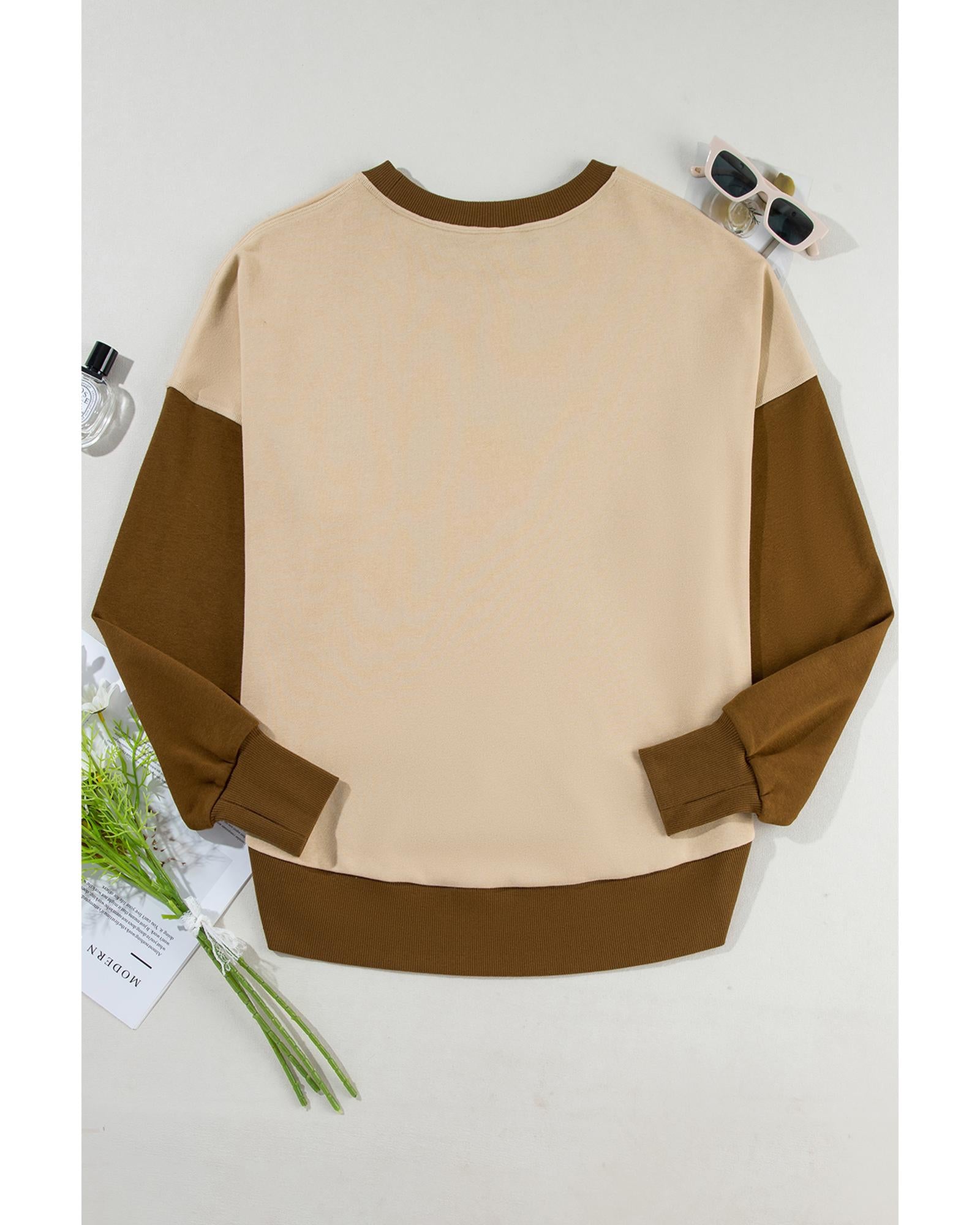 Apricot Color Block Thumbhole Sleeve Drop Shoulder Sweatshirt - M 3