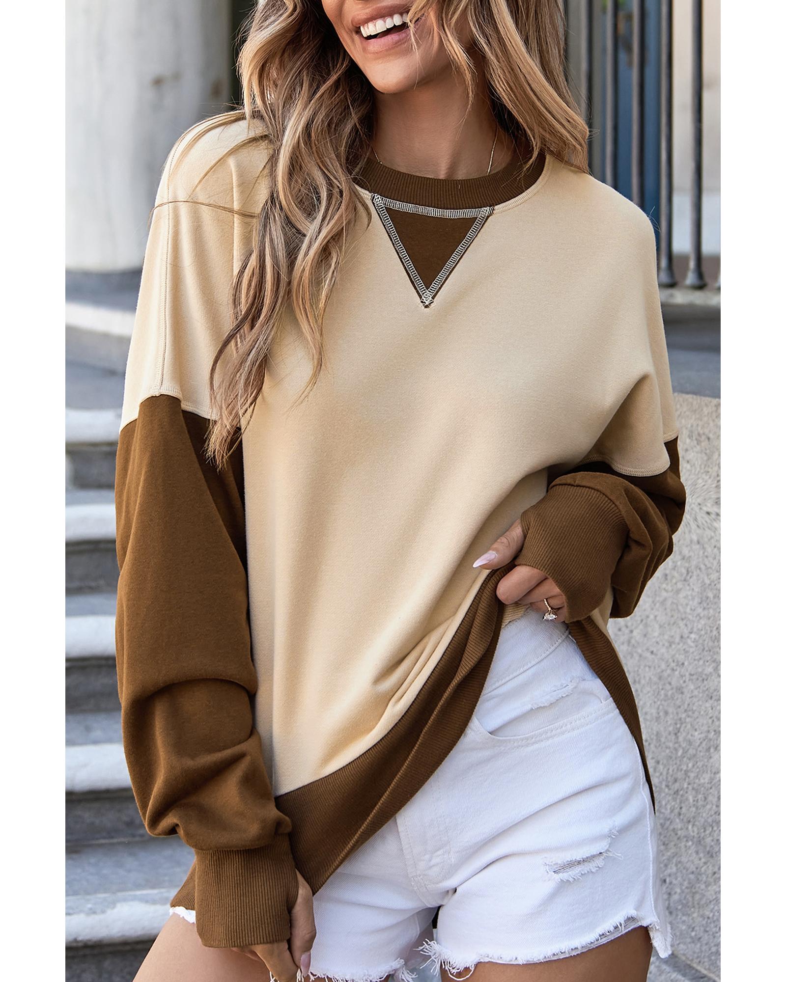 Apricot Color Block Thumbhole Sleeve Drop Shoulder Sweatshirt - XL 6