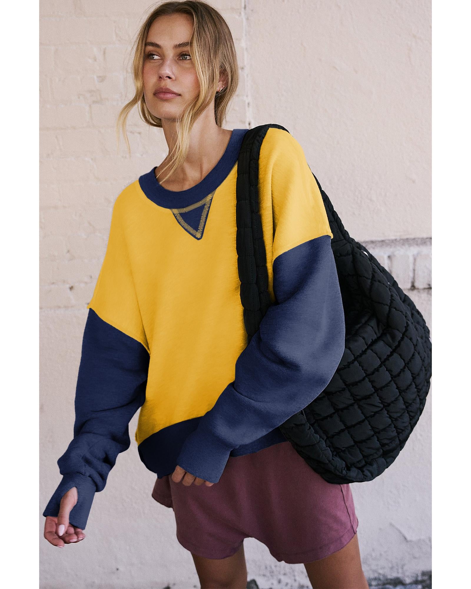 Yellow Color Block Thumbhole Sleeve Drop Shoulder Sweatshirt - M 5