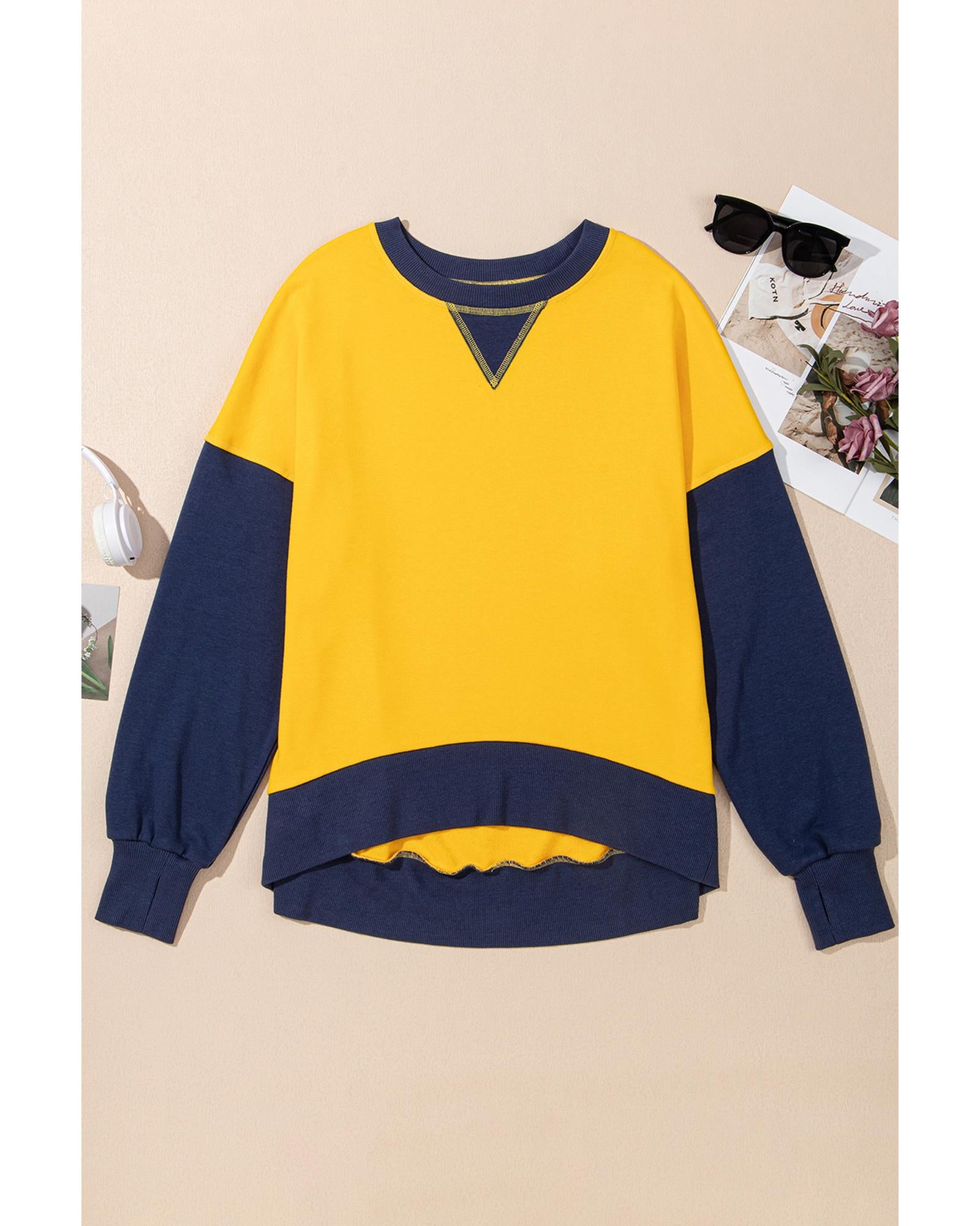 Yellow Color Block Thumbhole Sleeve Drop Shoulder Sweatshirt - S 7