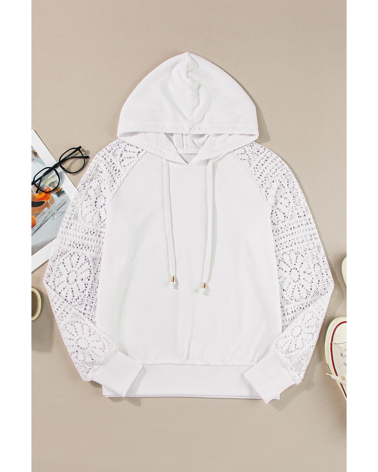 White Lace Patchwork Sleeve Drawstring Hoodie - S