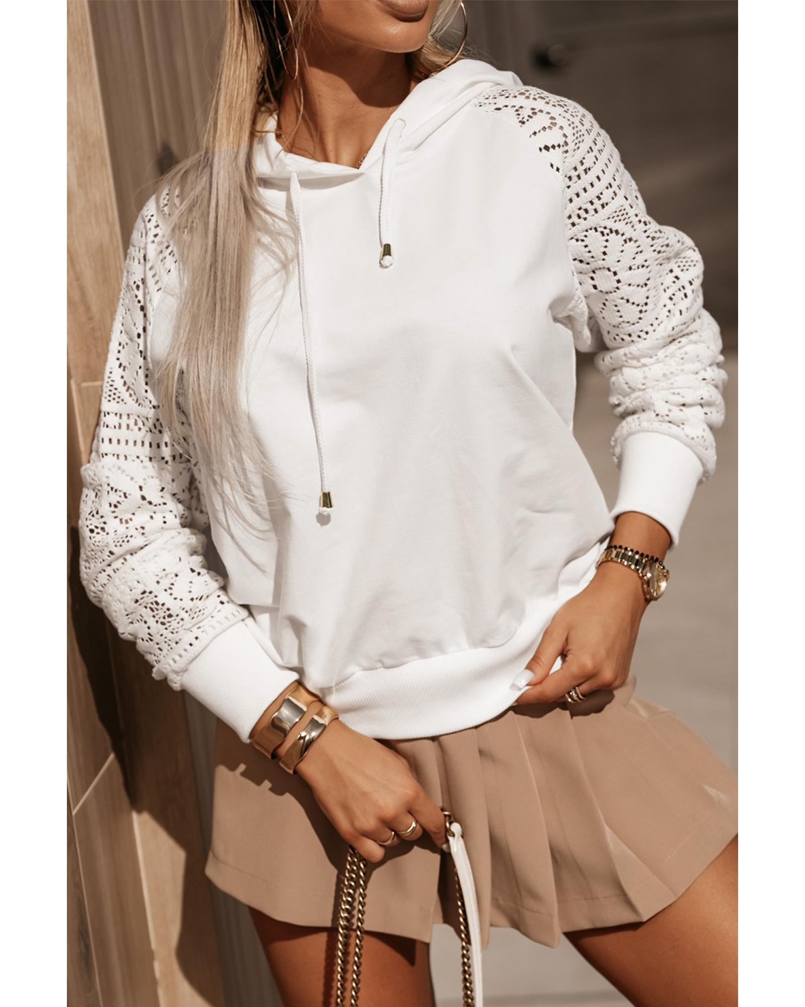 White Lace Patchwork Sleeve Drawstring Hoodie - S 4