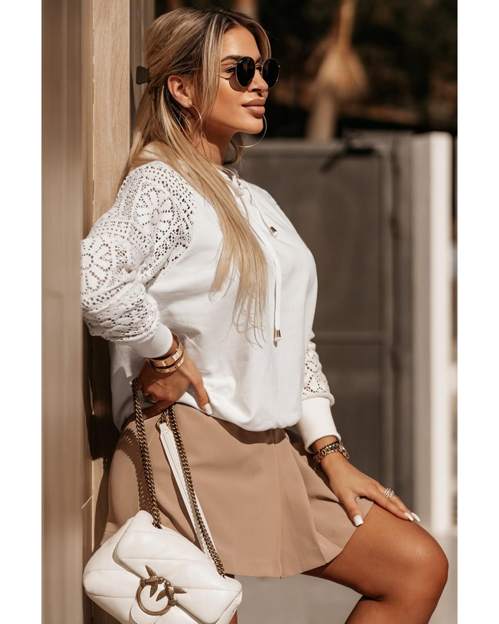 White Lace Patchwork Sleeve Drawstring Hoodie - S 5
