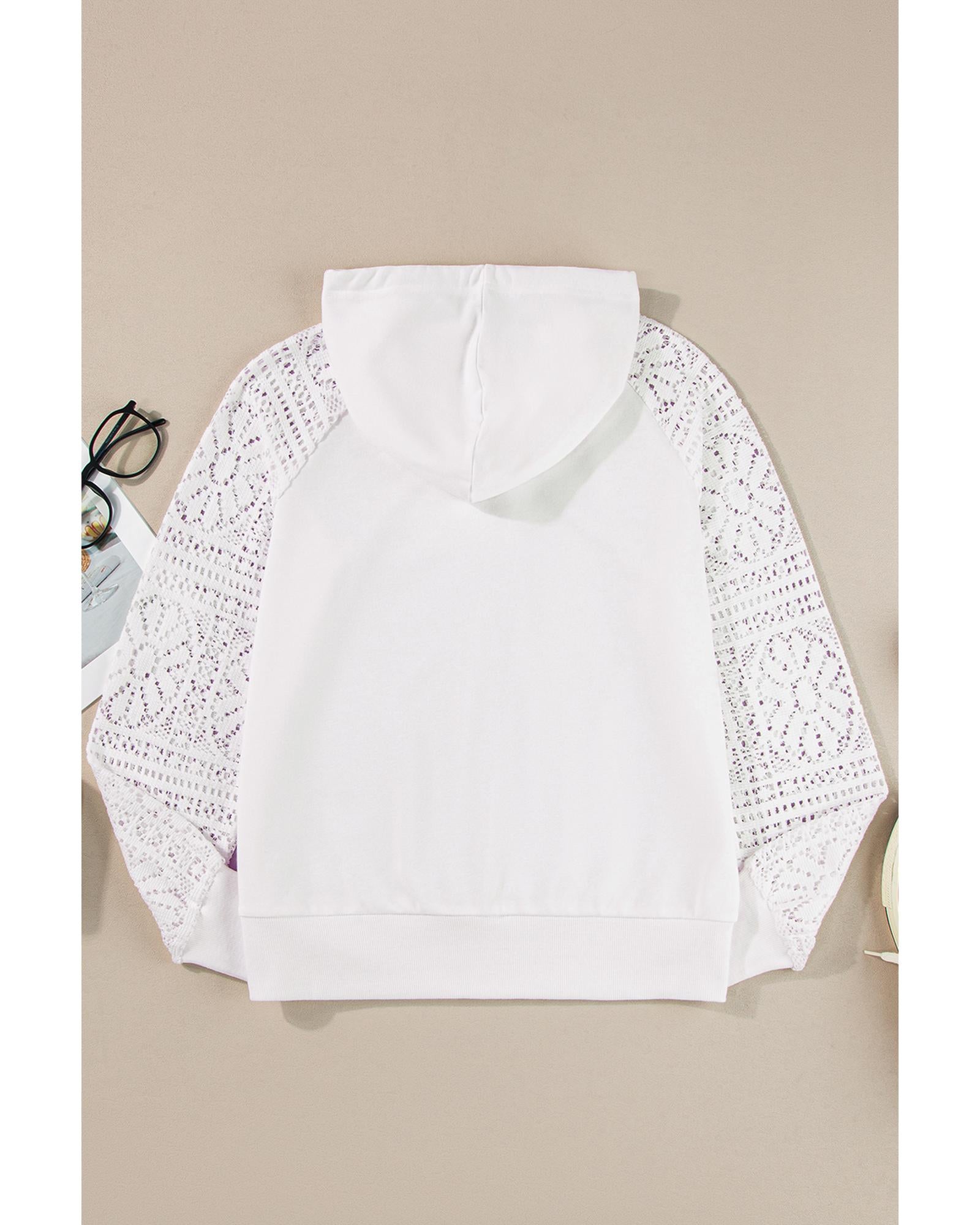 White Lace Patchwork Sleeve Drawstring Hoodie - S 6