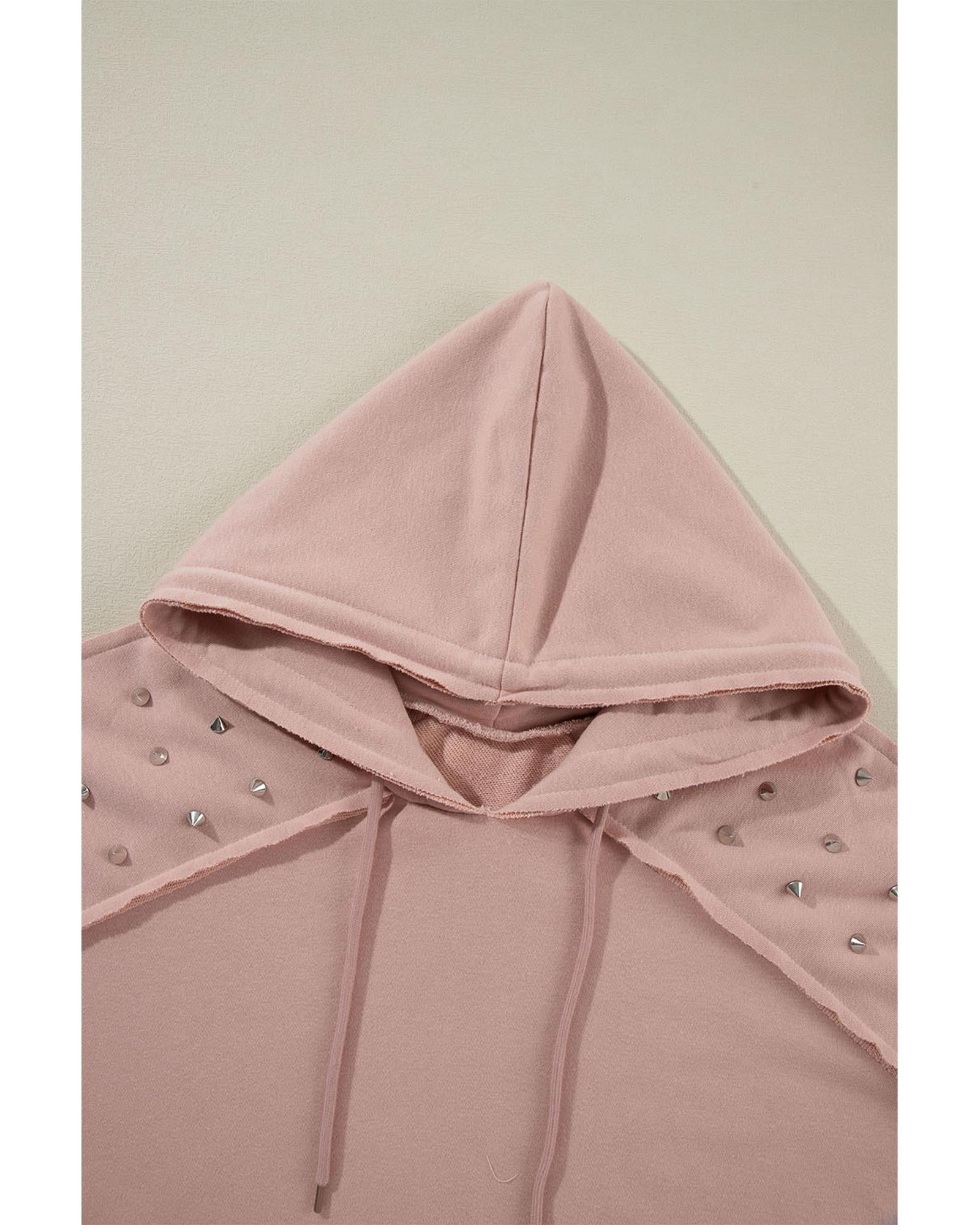 Fushia Solid Color Rivet Stud Raglan Sleeve Hoodie with Pocket - L 3