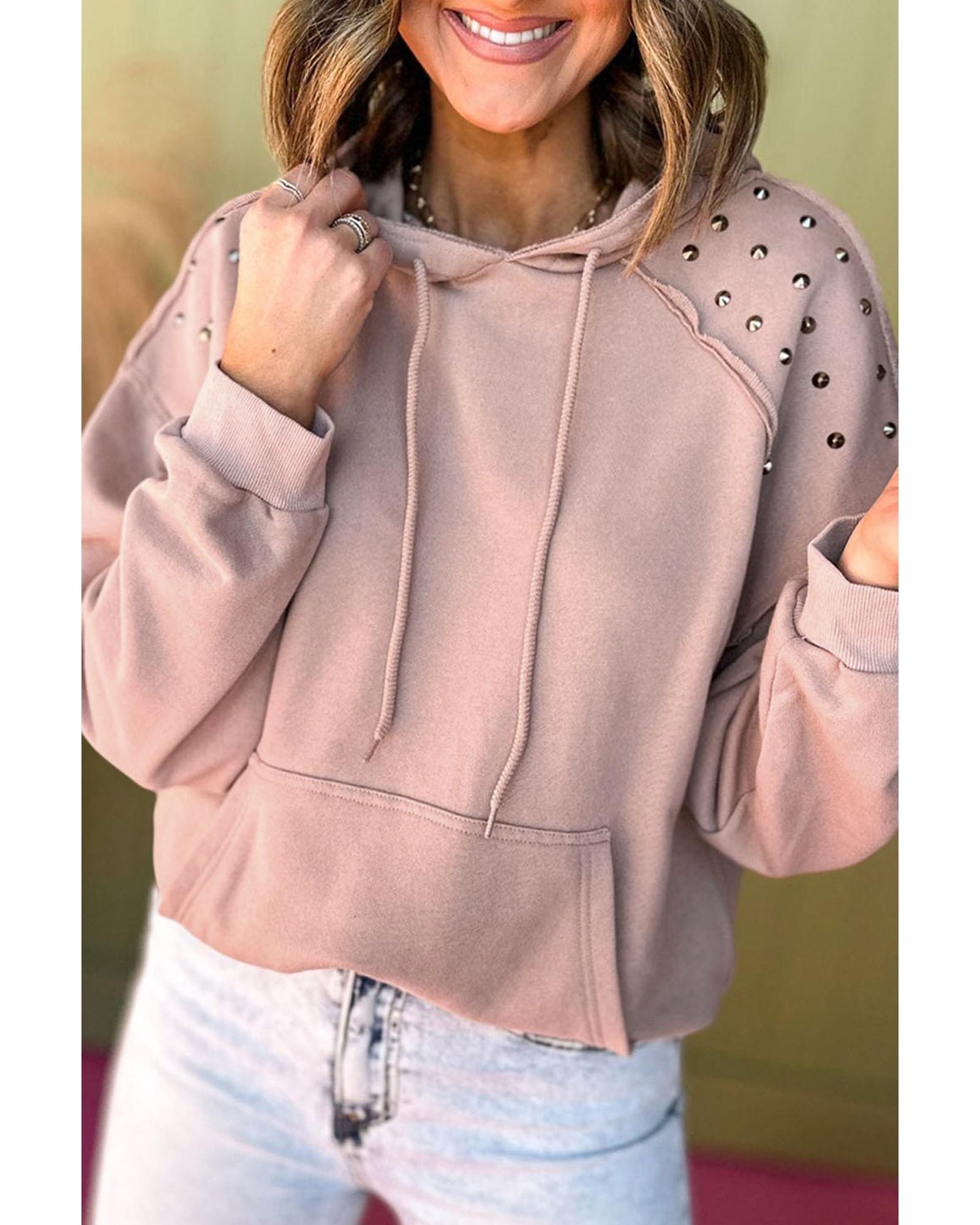 Fushia Solid Color Rivet Stud Raglan Sleeve Hoodie with Pocket - M 7