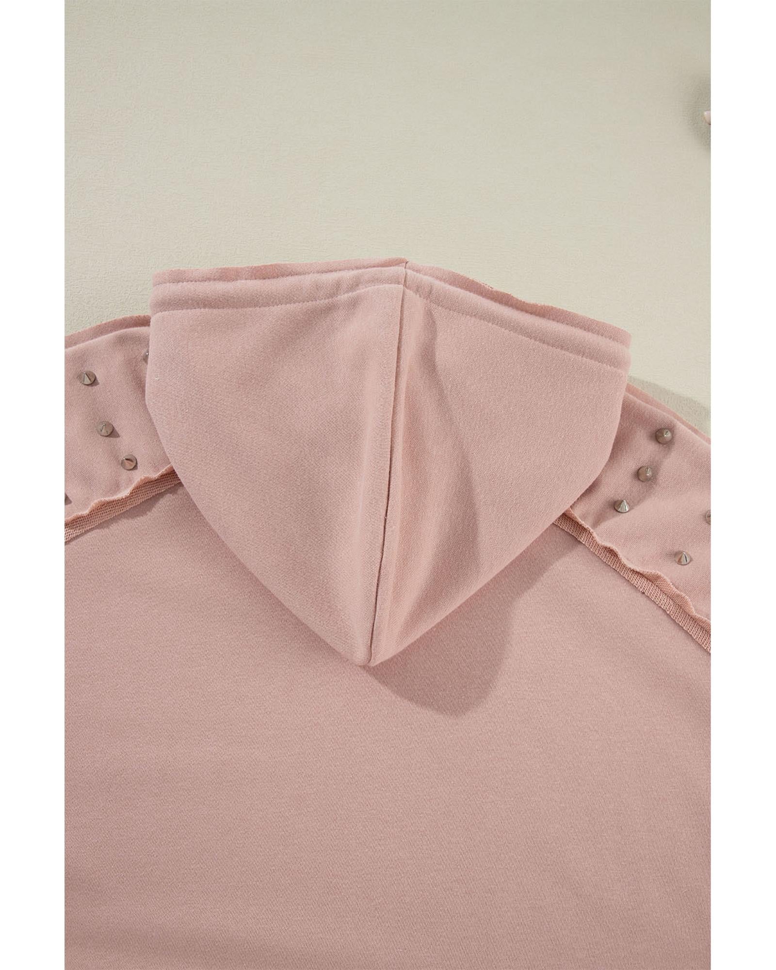 Fushia Solid Color Rivet Stud Raglan Sleeve Hoodie with Pocket - S 8