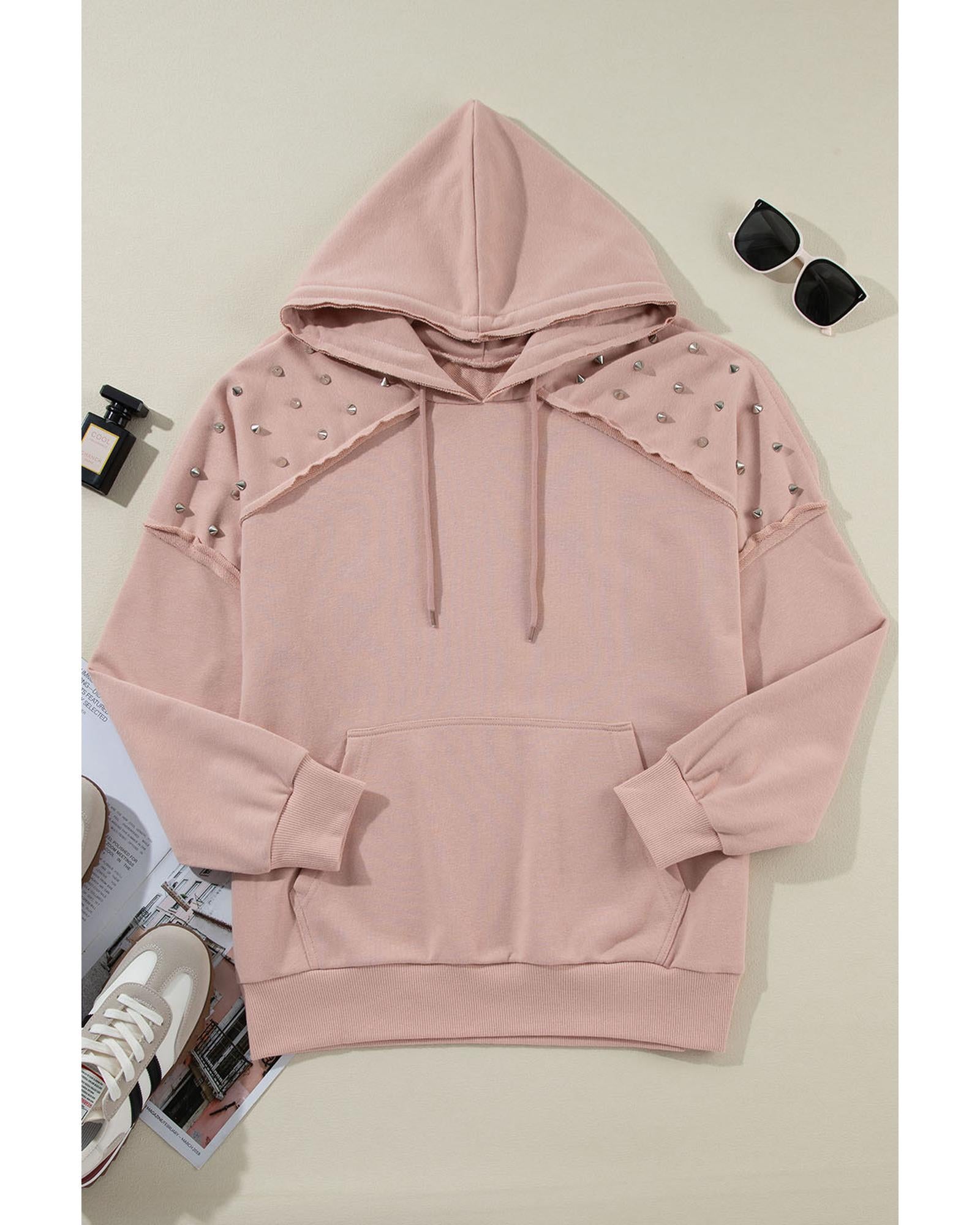 Fushia Solid Color Rivet Stud Raglan Sleeve Hoodie with Pocket - XL 4