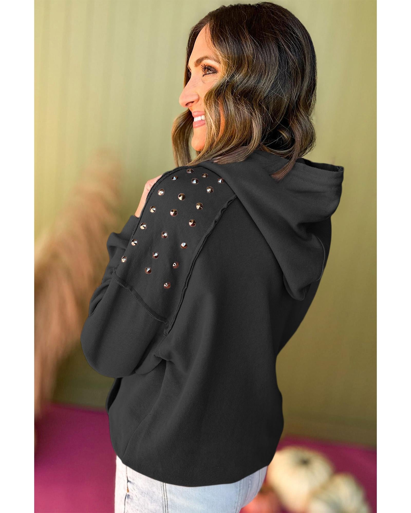 Black Solid Color Rivet Stud Raglan Sleeve Hoodie with Pocket - M 3