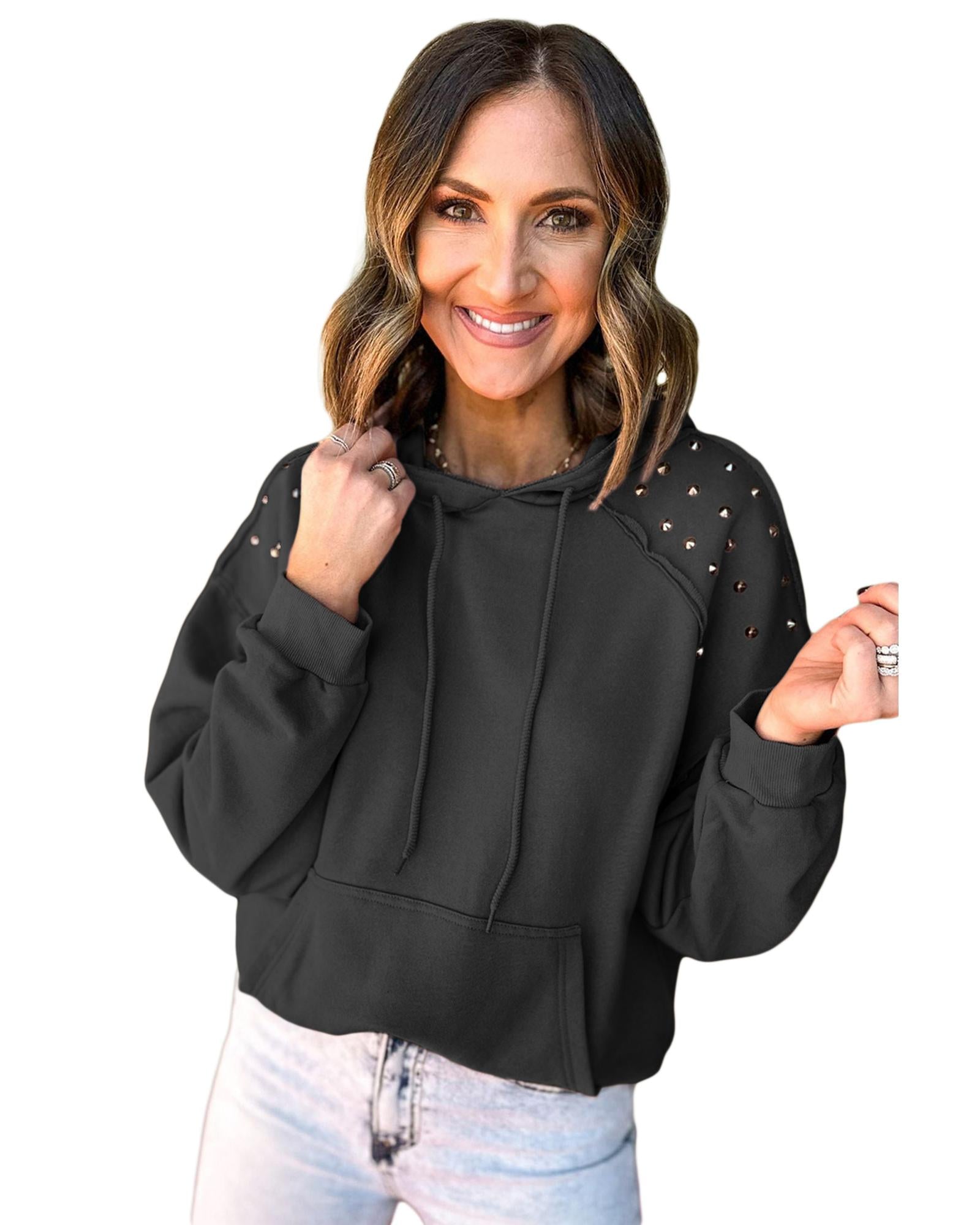 Black Solid Color Rivet Stud Raglan Sleeve Hoodie with Pocket - M 4