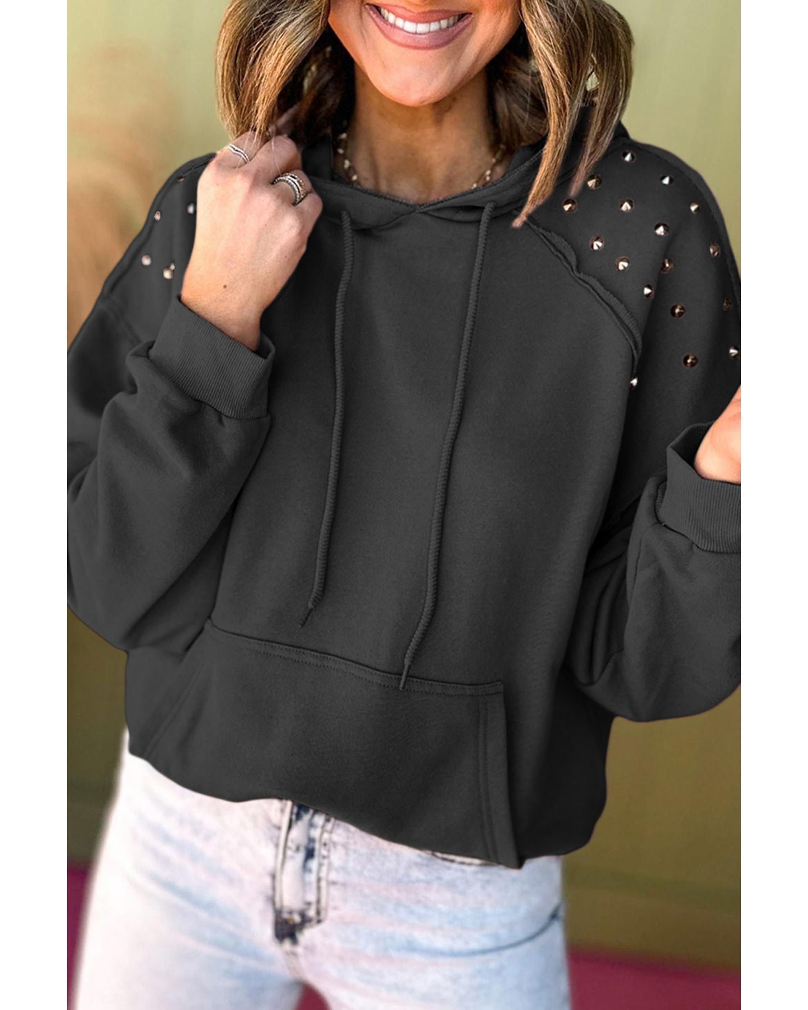 Black Solid Color Rivet Stud Raglan Sleeve Hoodie with Pocket - M 5