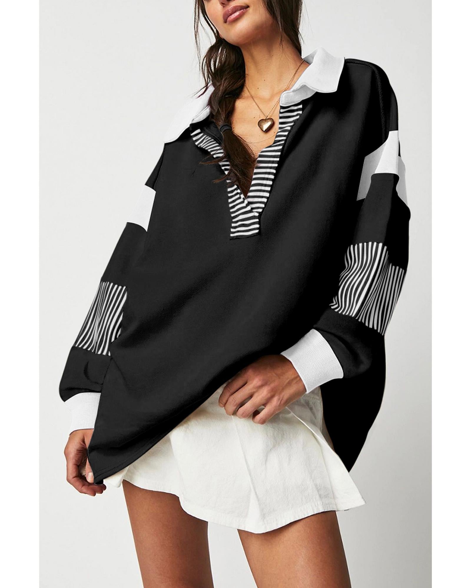 Black Striped Colorblock Patchwork Collar Sweatshirt - M