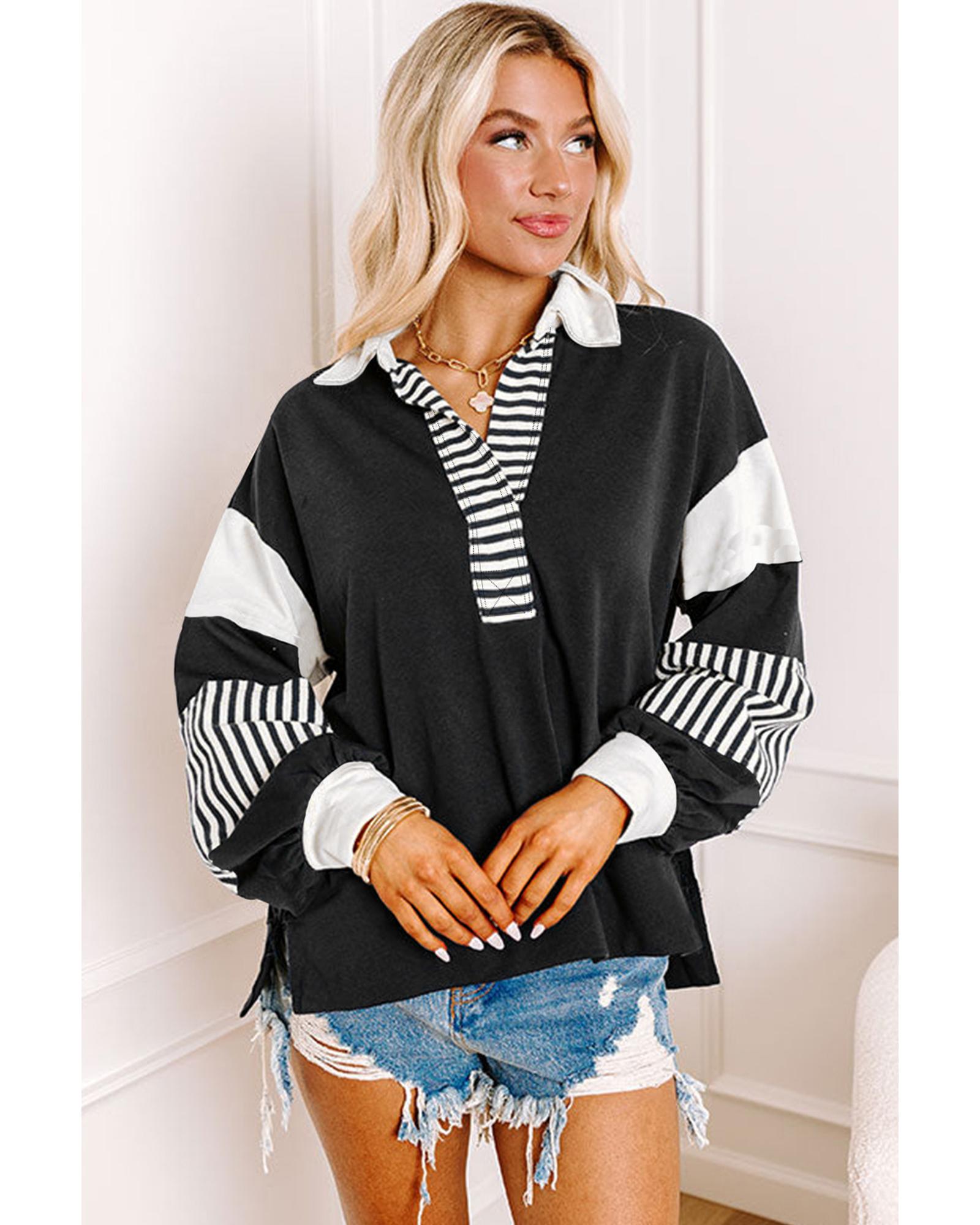 Black Striped Colorblock Patchwork Collar Sweatshirt - S