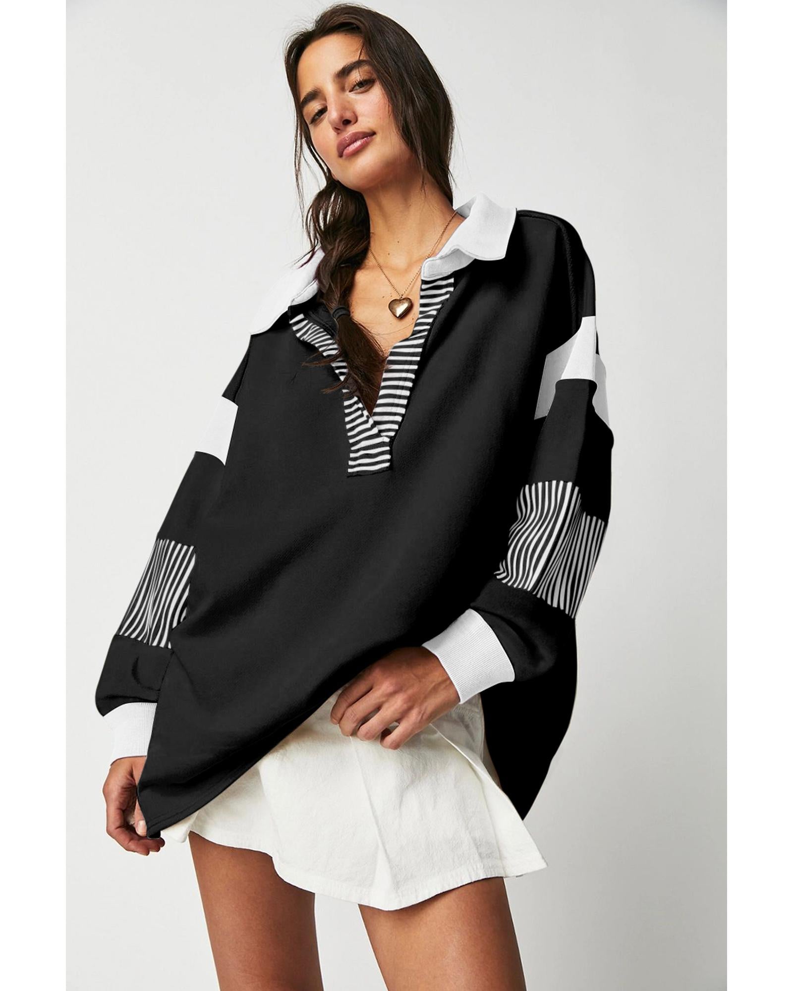 Black Striped Colorblock Patchwork Collar Sweatshirt - XL 4