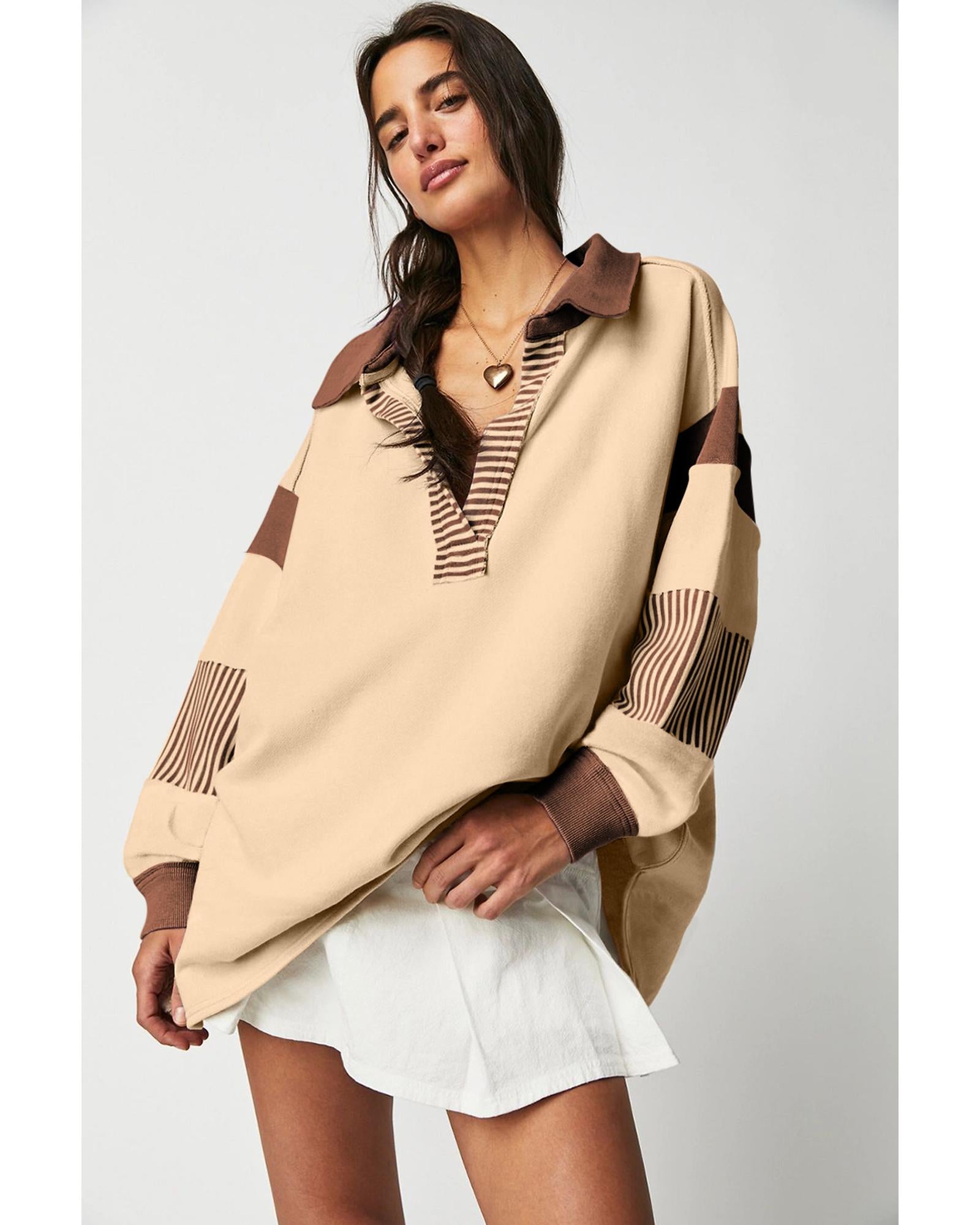 Light French Beige Striped Colorblock Patchwork Collar Sweatshirt - L 3