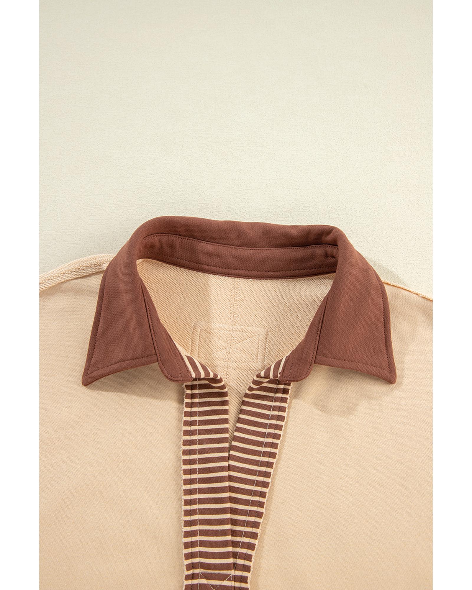 Light French Beige Striped Colorblock Patchwork Collar Sweatshirt - L 6