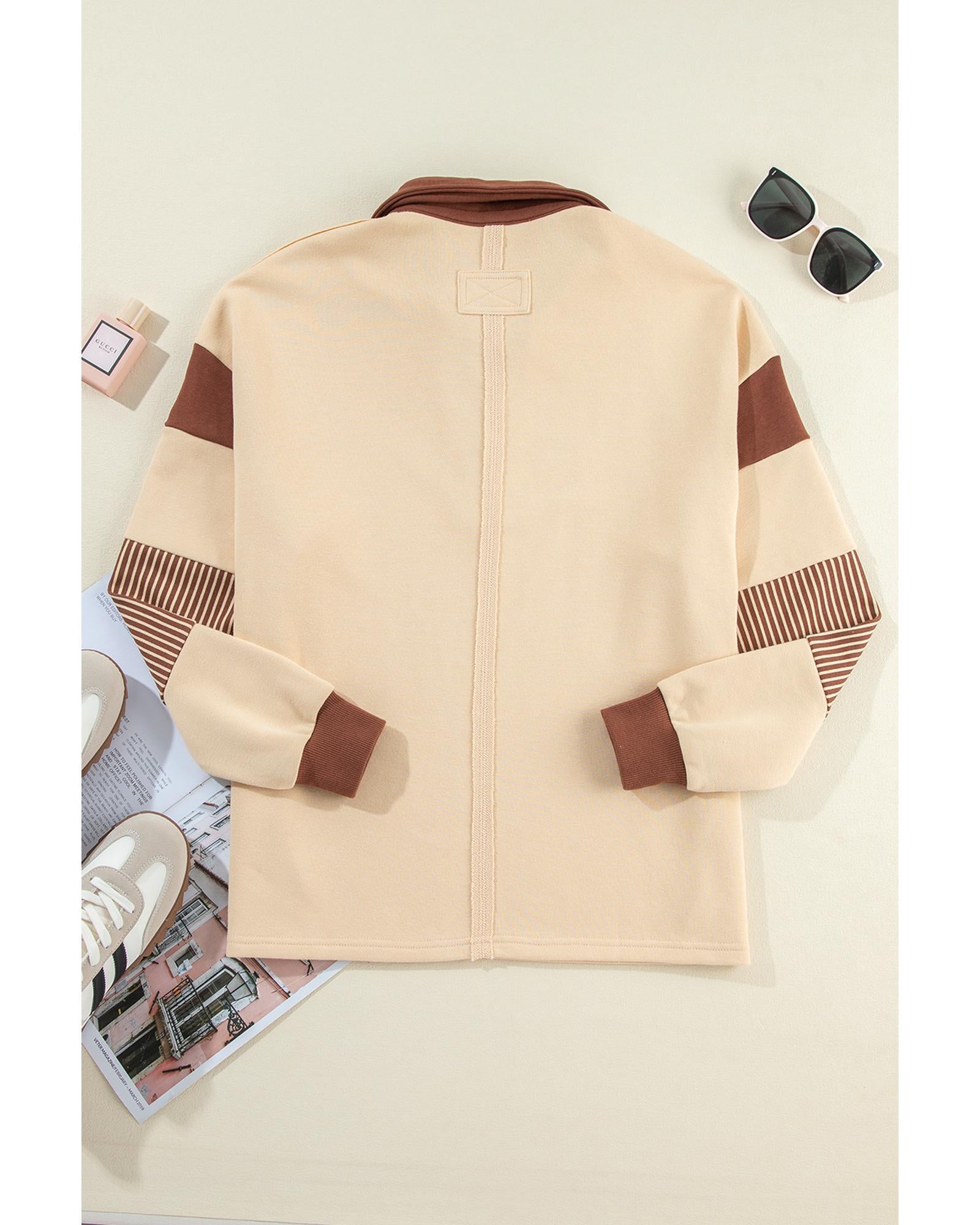 Light French Beige Striped Colorblock Patchwork Collar Sweatshirt - L 7