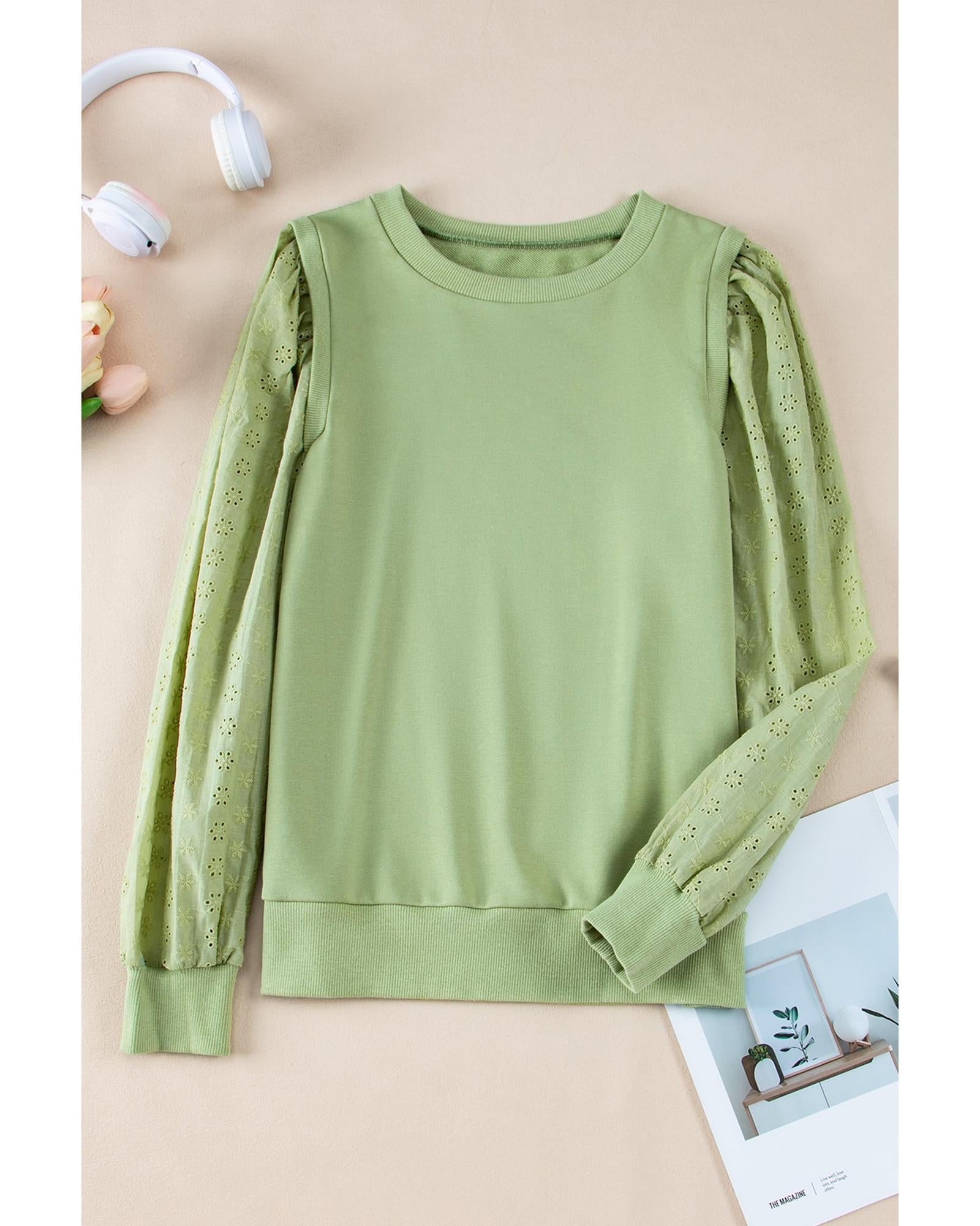 Mist Green Solid Patchwork Sleeve Round Neck Sweatshirt - L 4