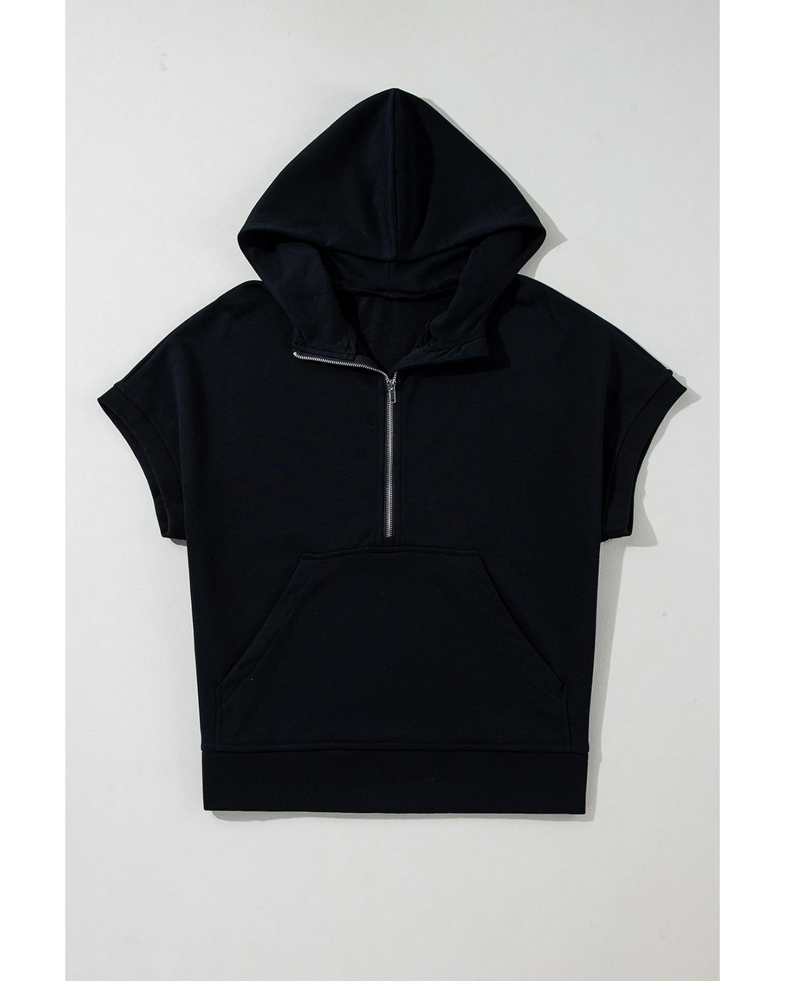Black Half Zipper Kangaroo Pocket Short Sleeve Hoodie - L 5