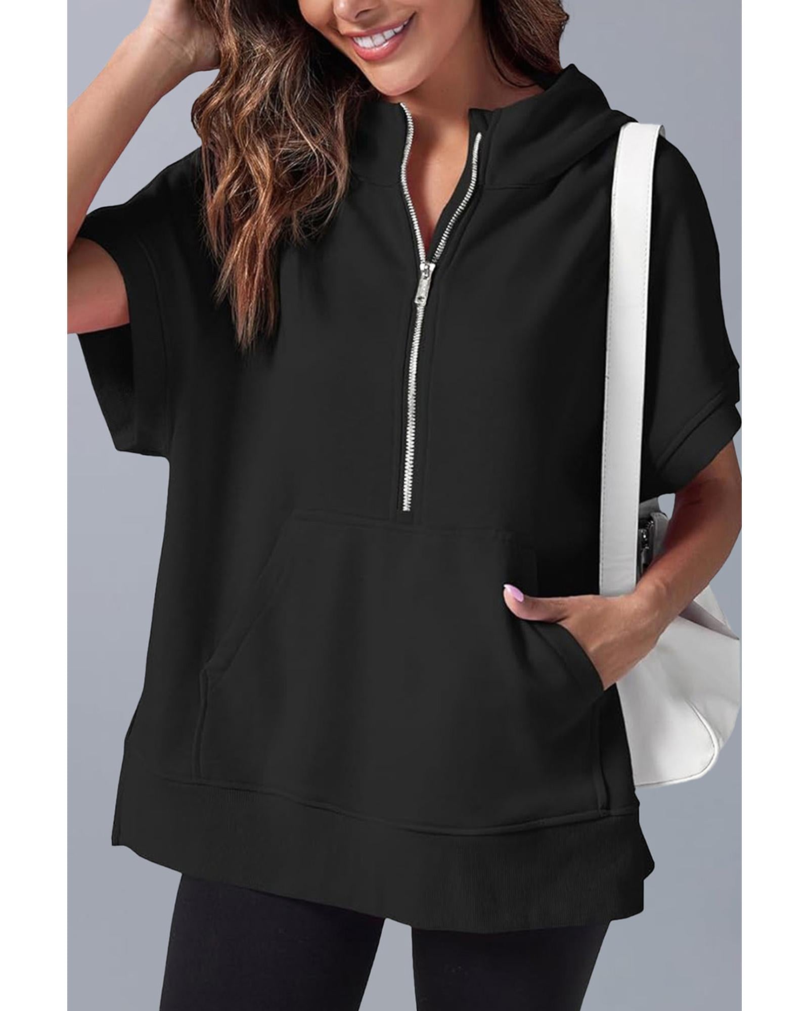 Black Half Zipper Kangaroo Pocket Short Sleeve Hoodie - M 3