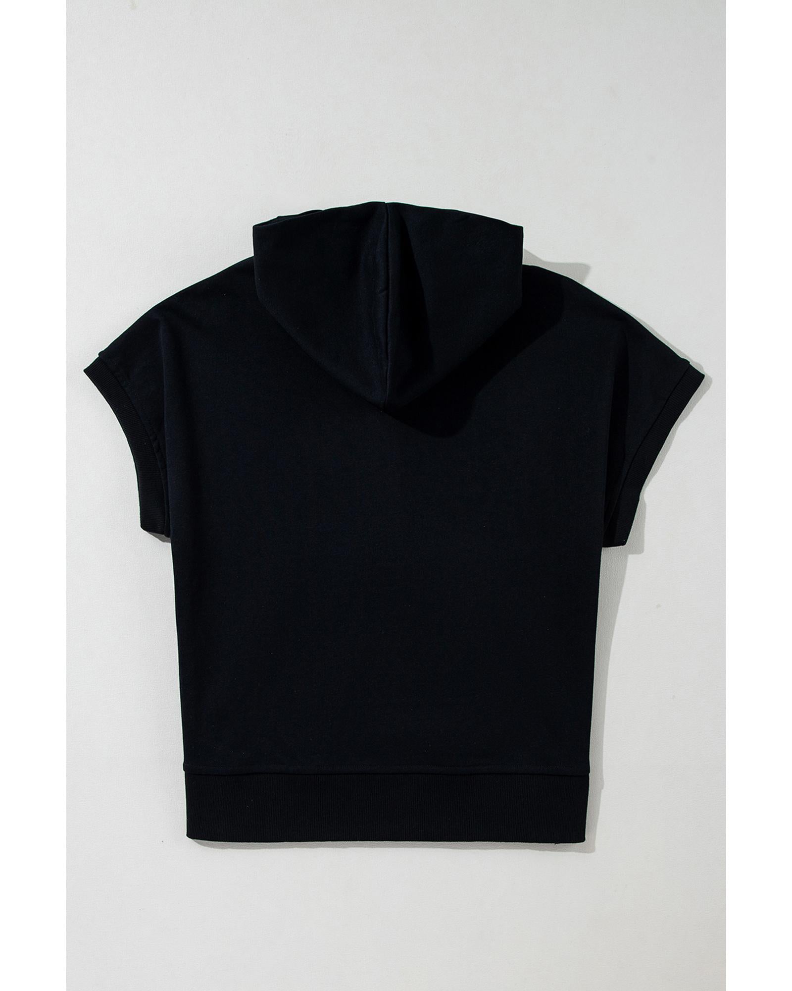 Black Half Zipper Kangaroo Pocket Short Sleeve Hoodie - M 6