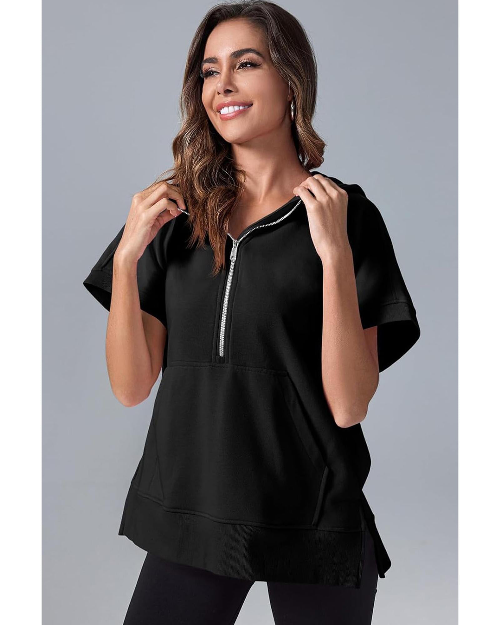 Black Half Zipper Kangaroo Pocket Short Sleeve Hoodie - XL 4