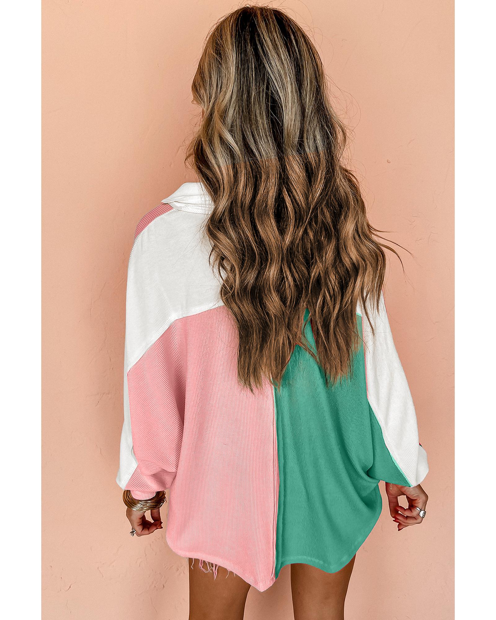 Pink Colorblock Ribbed Collared Oversized Sweatshirt - XL 4