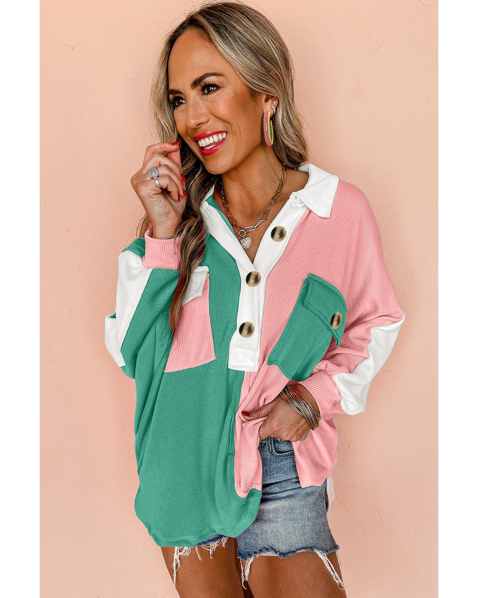 Pink Colorblock Ribbed Collared Oversized Sweatshirt - XL 6