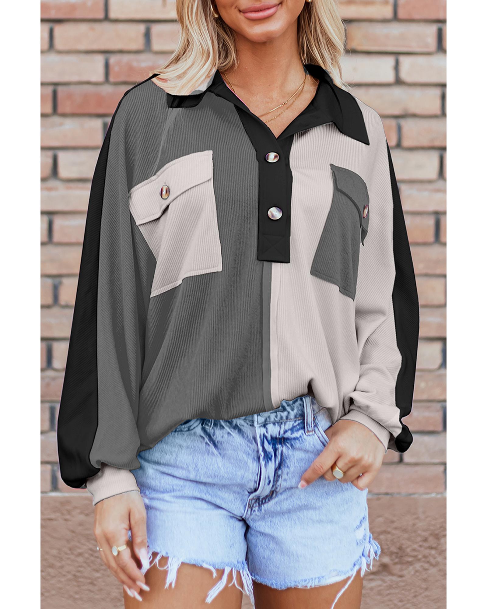 Gray Colorblock Ribbed Collared Oversized Sweatshirt - XL 7
