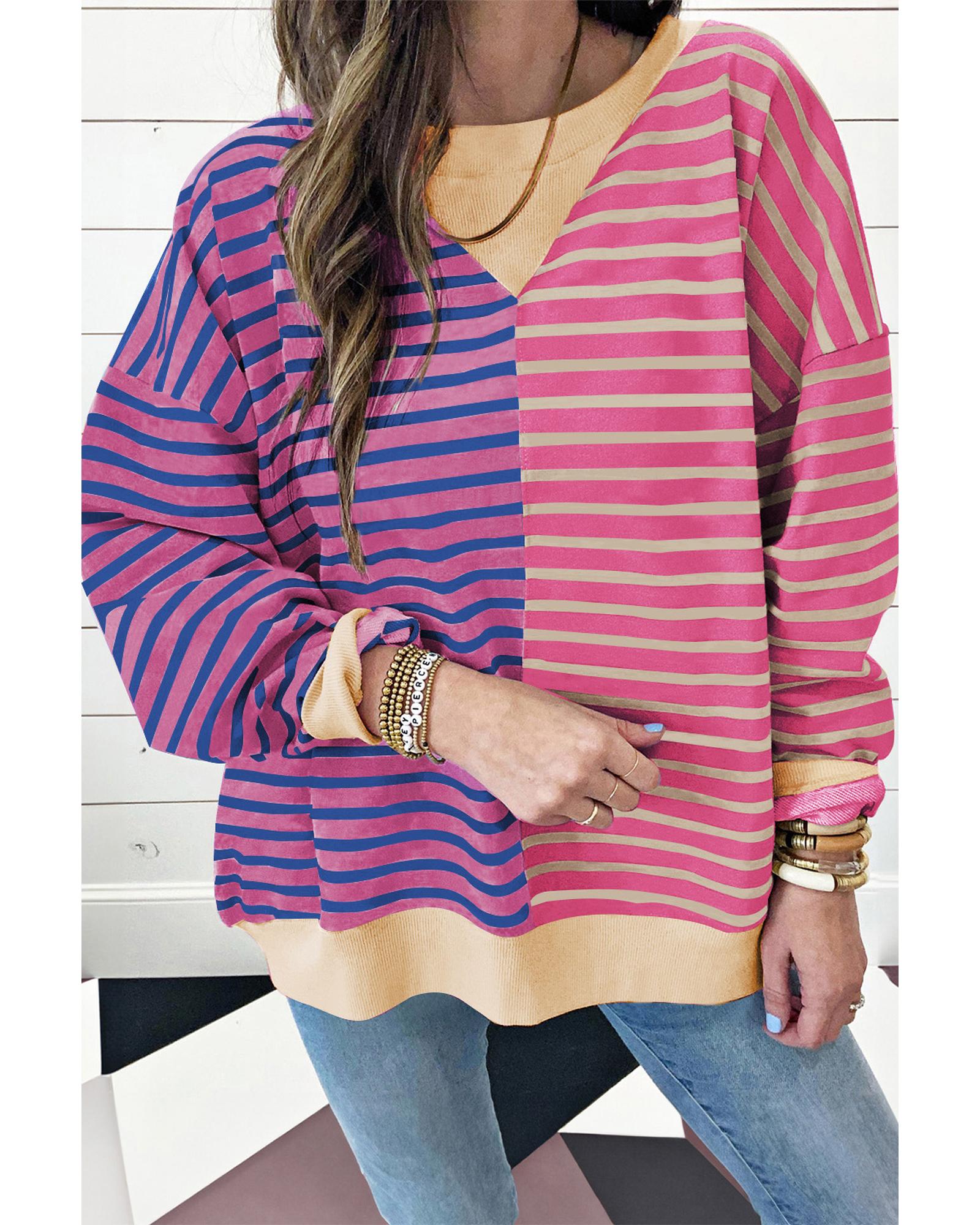 Pink Stripe Casual Stripe Colorblock Drop Shoulder Oversize Sweatshirt - 2XL 4