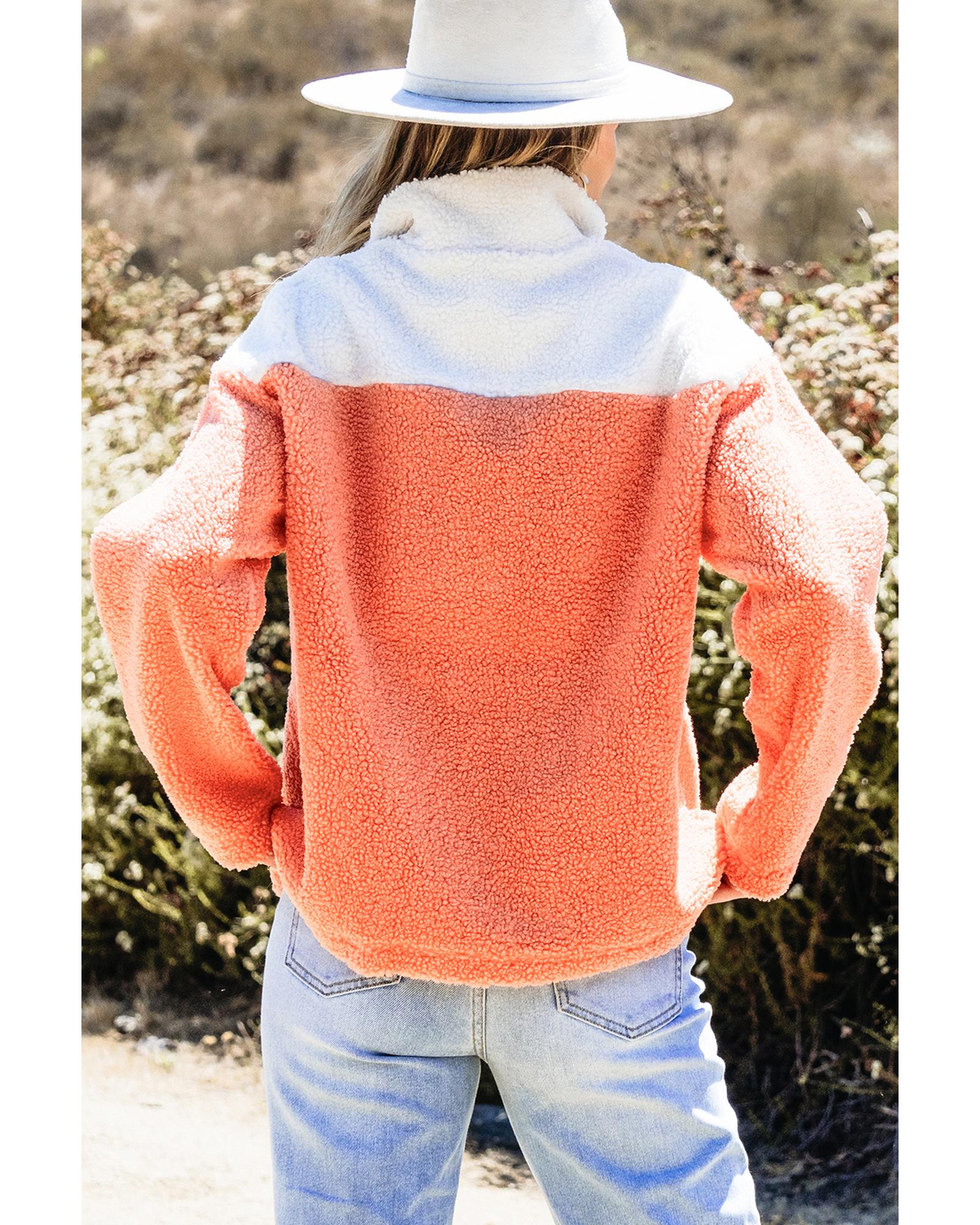 Orange Colorblock Half Zipper Stand Neck Sherpa Sweatshirt - L