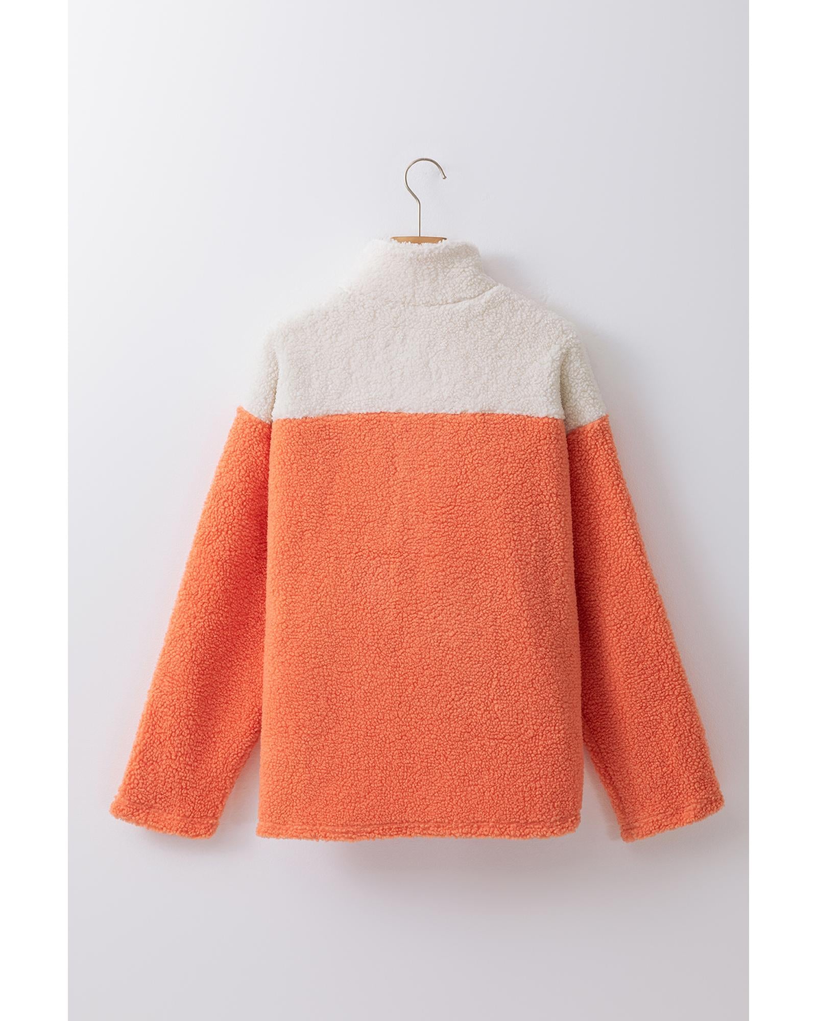 Orange Colorblock Half Zipper Stand Neck Sherpa Sweatshirt - L 5