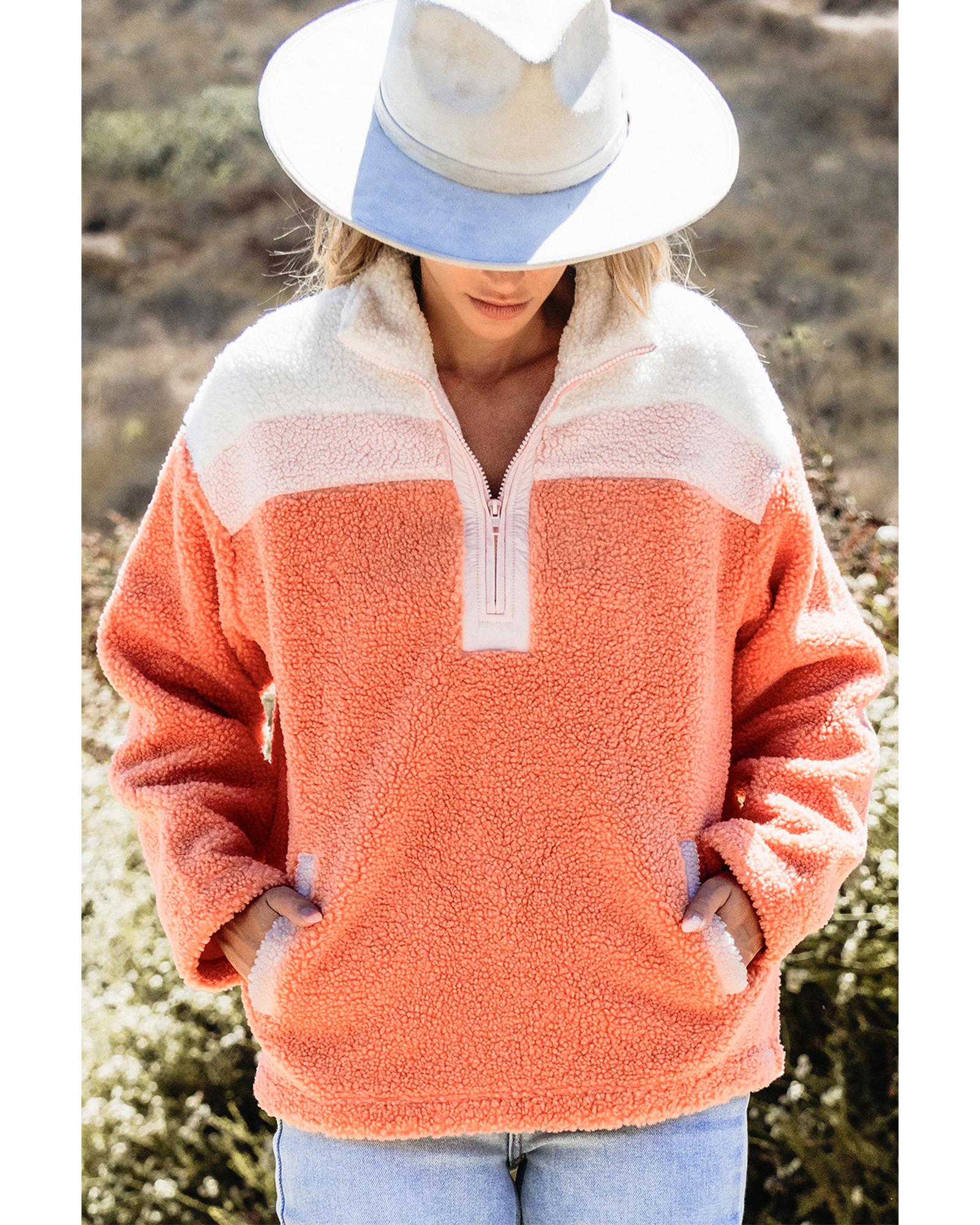 Orange Colorblock Half Zipper Stand Neck Sherpa Sweatshirt - XL 4