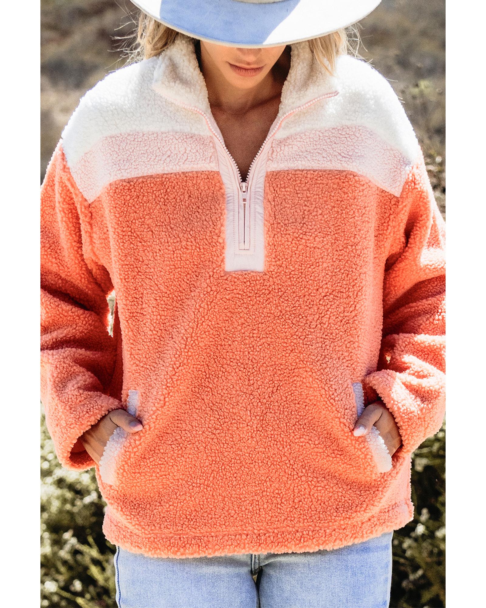 Orange Colorblock Half Zipper Stand Neck Sherpa Sweatshirt - XL 7
