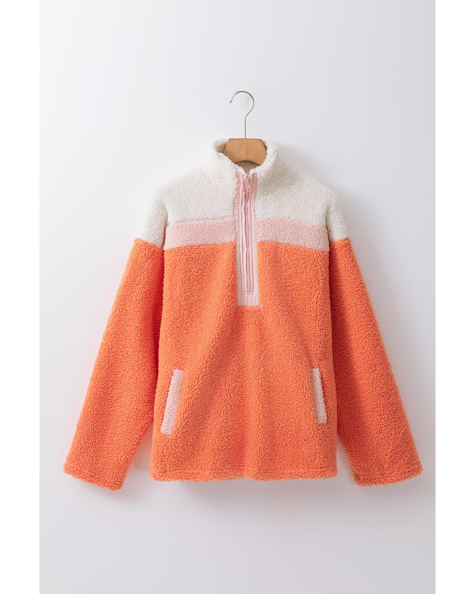 Orange Colorblock Half Zipper Stand Neck Sherpa Sweatshirt - XL 8