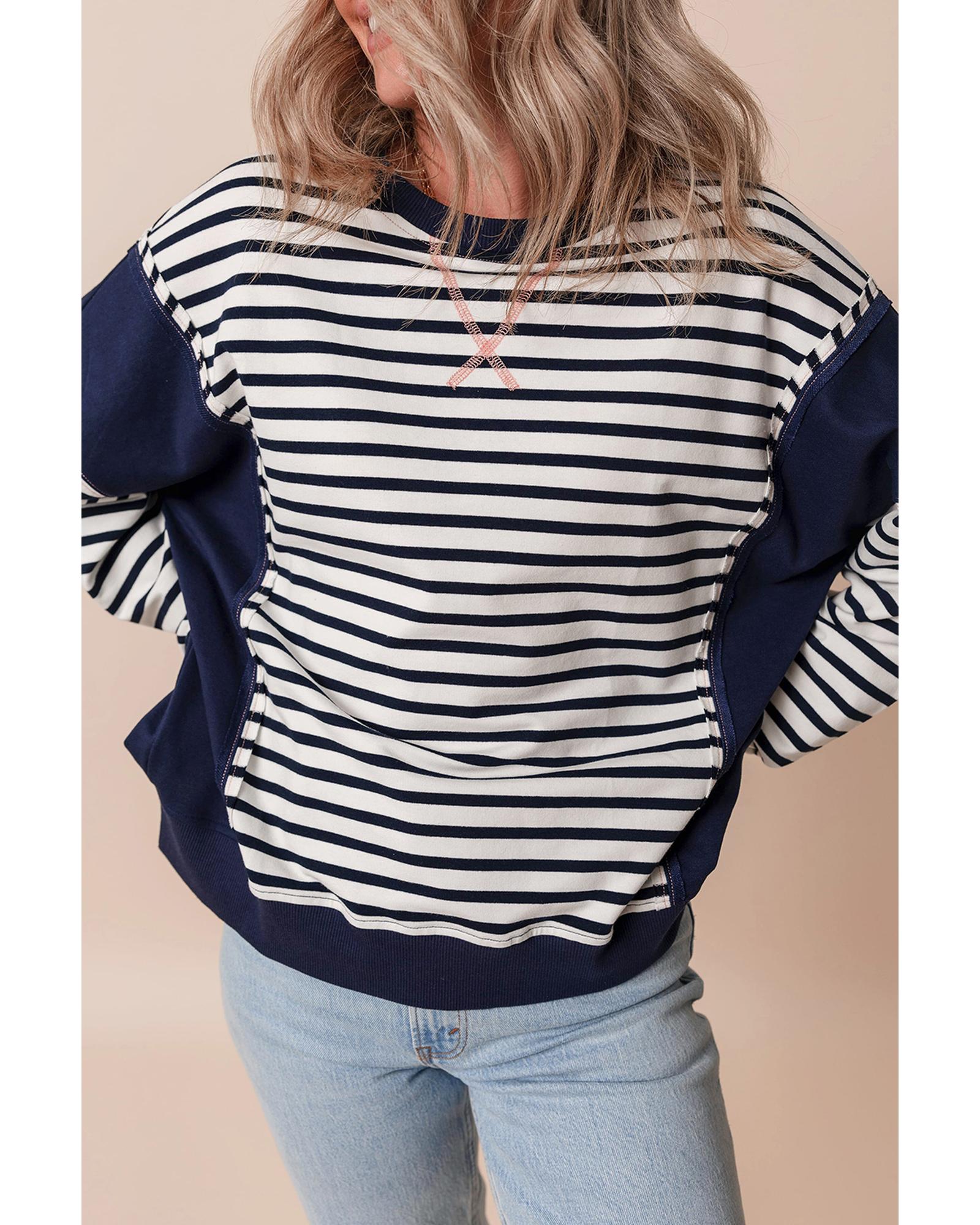 White Stripe Color Block Exposed Seam Loose Fit Sweatshirt - L 5