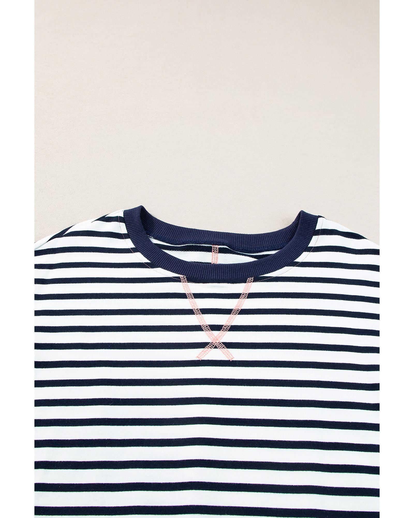 White Stripe Color Block Exposed Seam Loose Fit Sweatshirt - S