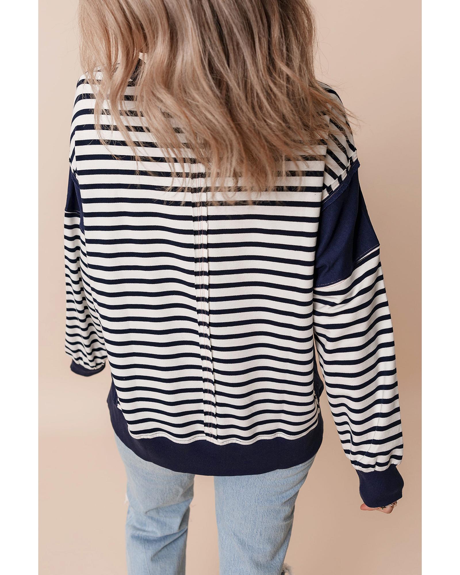 White Stripe Color Block Exposed Seam Loose Fit Sweatshirt - S