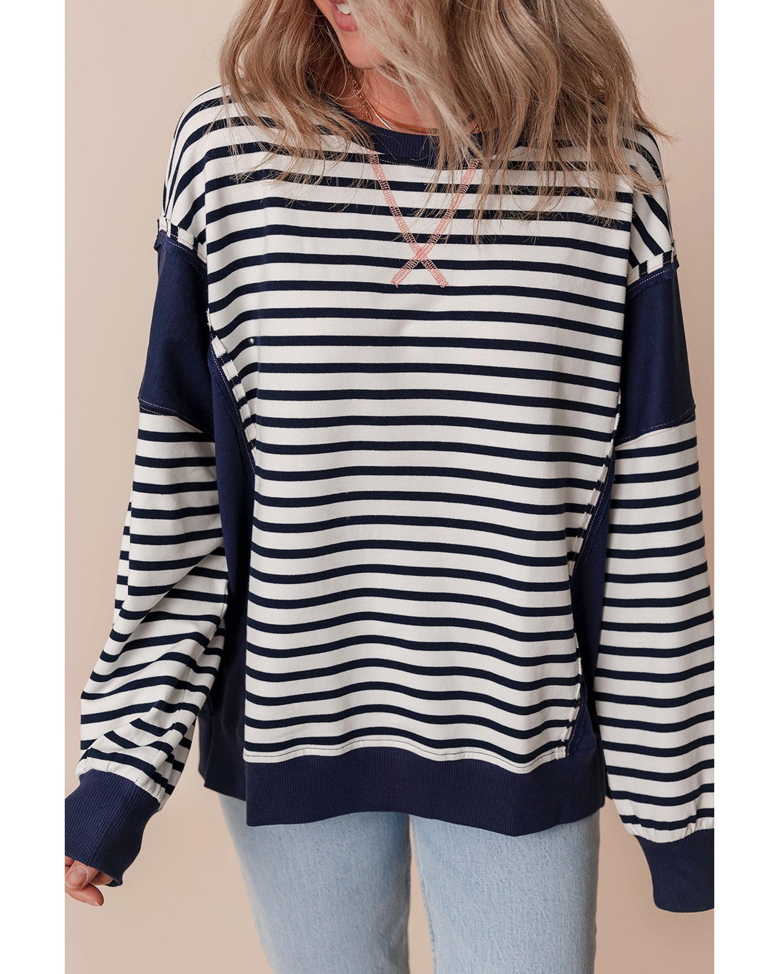 White Stripe Color Block Exposed Seam Loose Fit Sweatshirt - XL 4